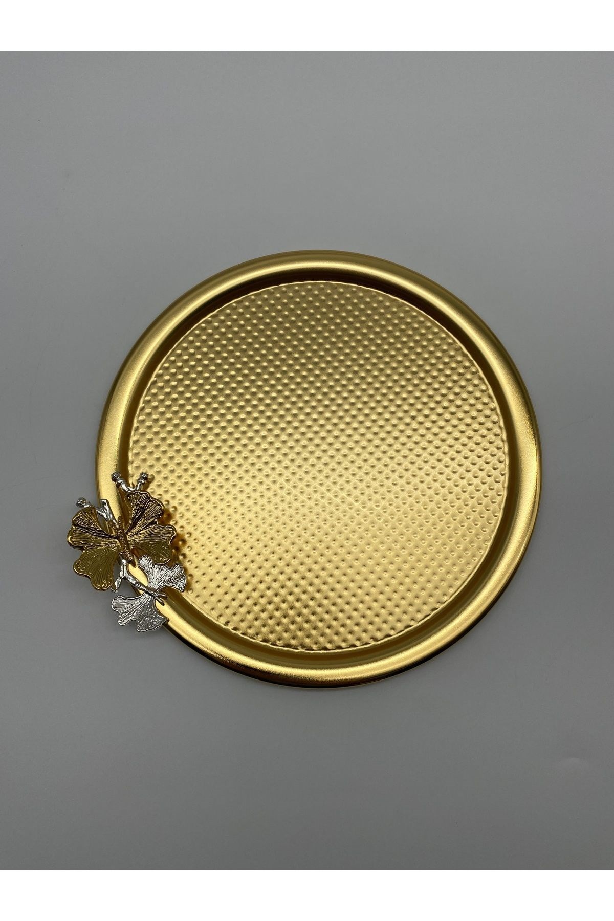 3'lü Kelebekli Yuvarlak Gold Çay ve Kahve Sunum Tepsisi, Dekoratif Servis Tepsisi 22cm Tek Kişilik