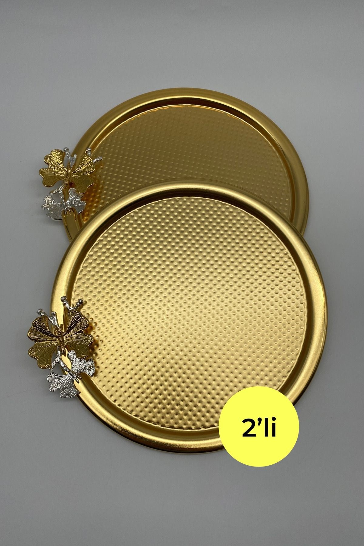 2'li Kelebekli Yuvarlak Gold Çay ve Kahve Sunum Tepsisi, Dekoratif Servis Tepsisi 22cm Tek Kişilik
