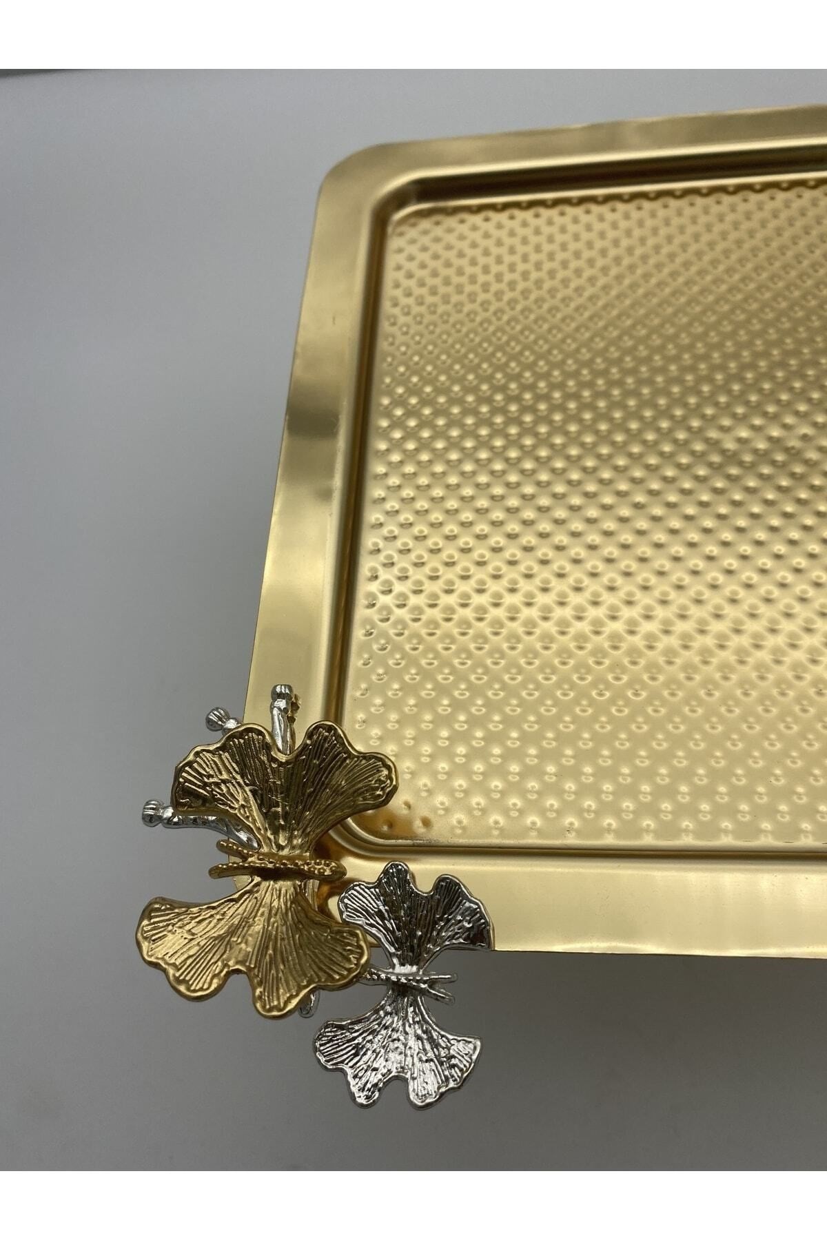 Ayaklı Kare Kelebekli Gold Kek, Kurabiye ve Pasta Sunum Tabağı, Servis Tepsisi