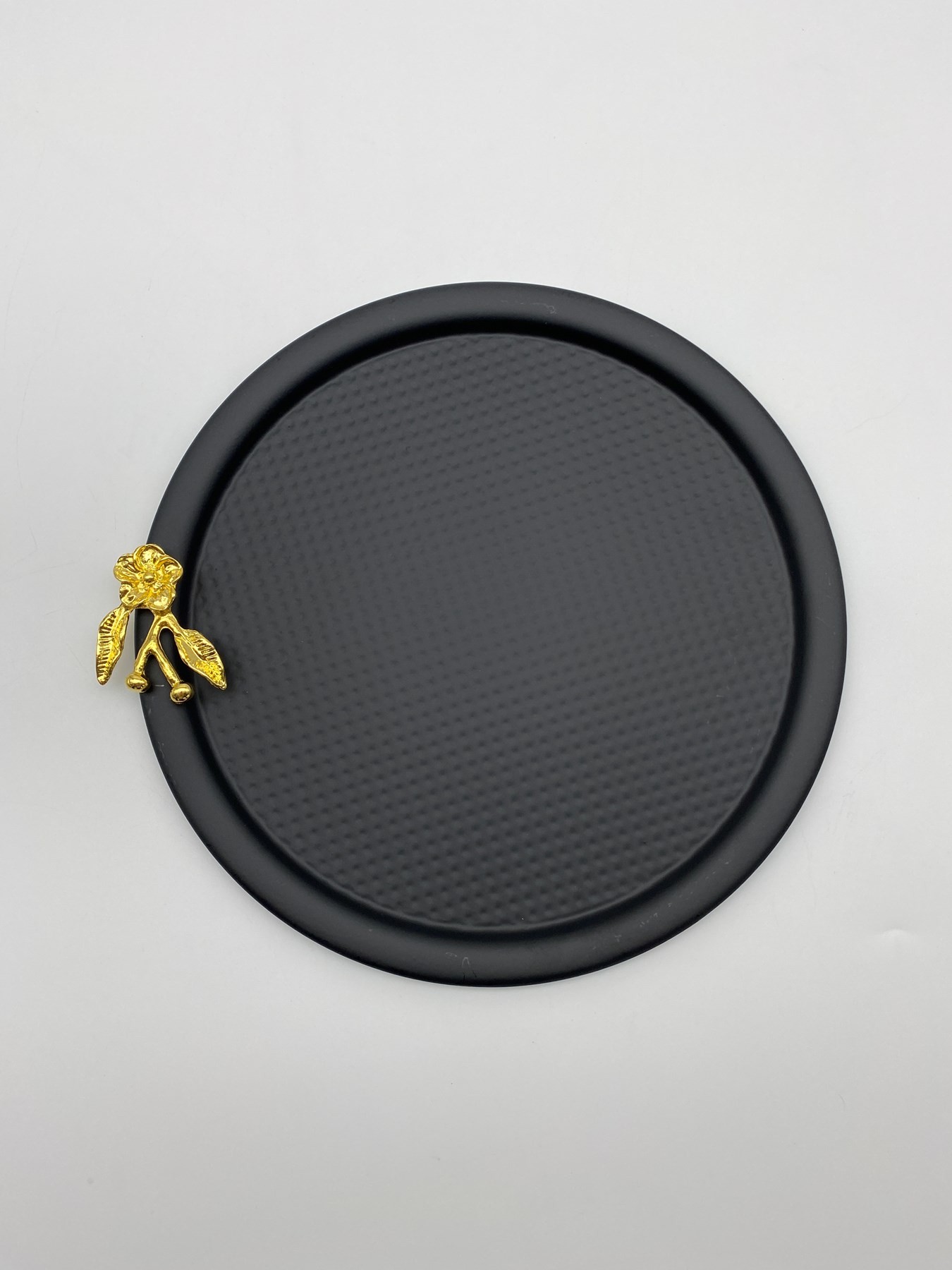 3'lü Japon Güllü Yuvarlak Siyah Çay ve Kahve Sunum Tepsisi, Dekoratif Servis Tepsisi 22cm
