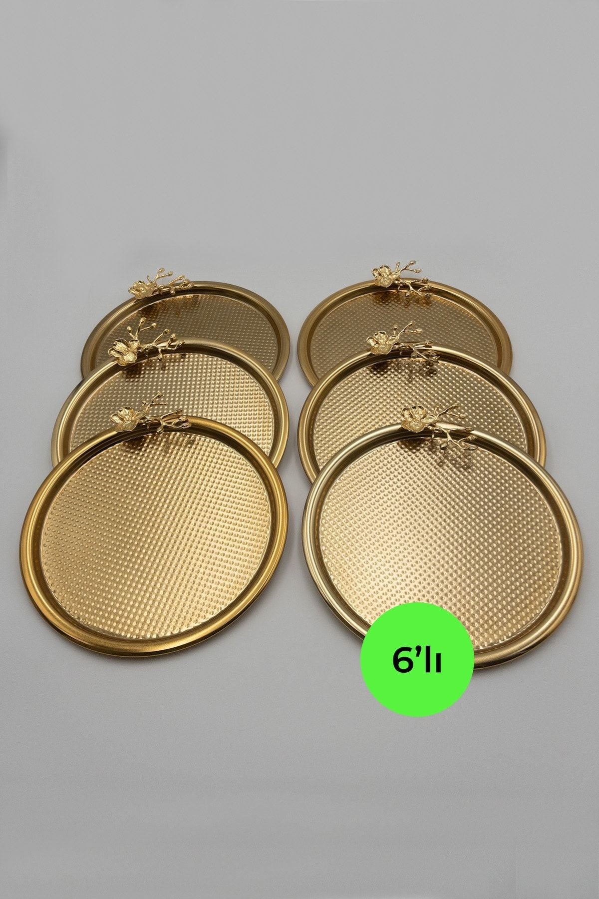 6'lı Japon Güllü Yuvarlak Gold Çay ve Kahve Sunum Tepsisi, Dekoratif Servis Tepsisi 22cm