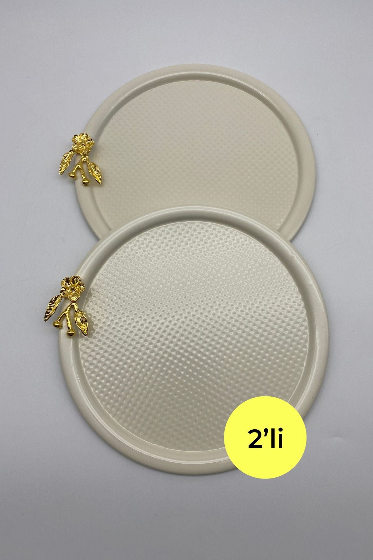 2'li Japon Güllü Yuvarlak Krem Çay ve Kahve Sunum Tepsisi, Dekoratif Servis Tepsisi 22cm