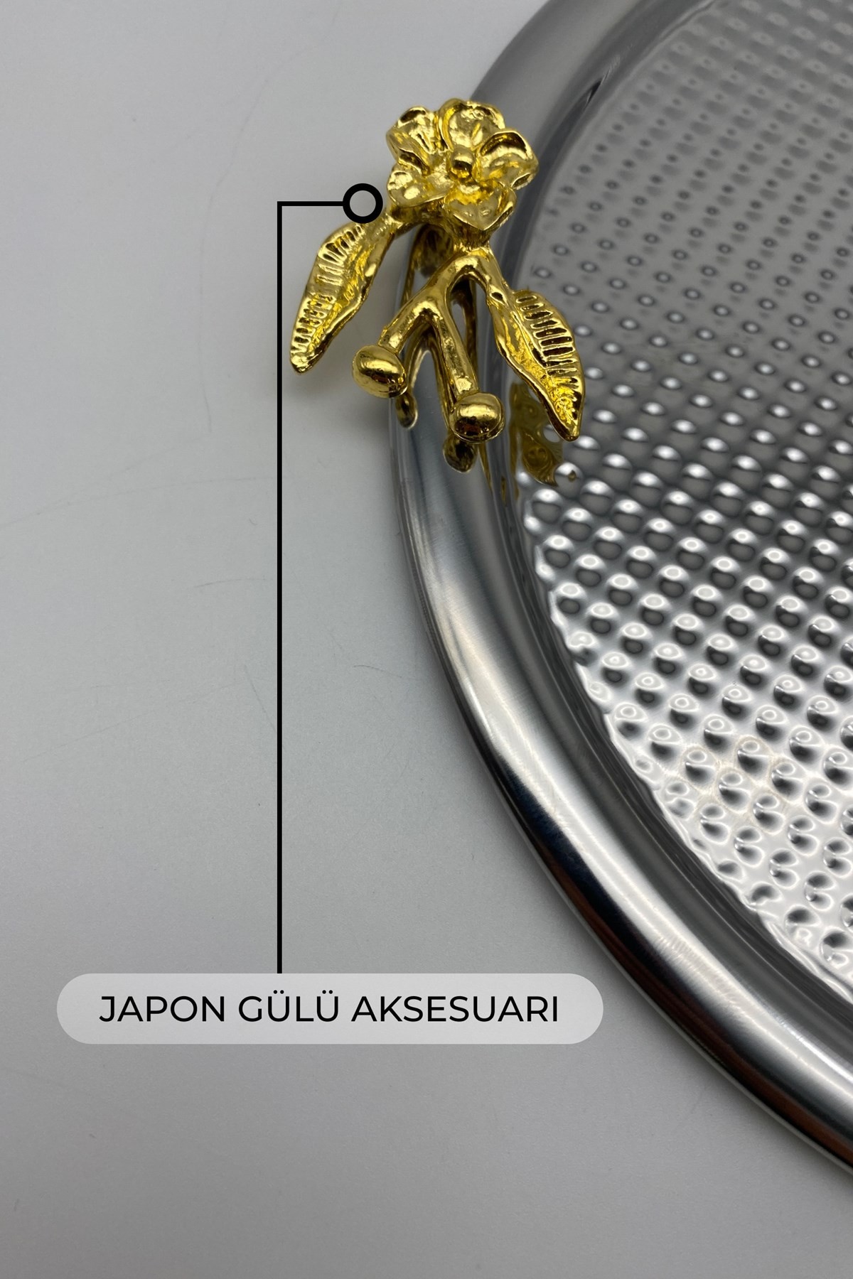 3'lü Japon Güllü Yuvarlak Gümüş Çay ve Kahve Sunum Tepsisi, Dekoratif Servis Tepsisi 22cm