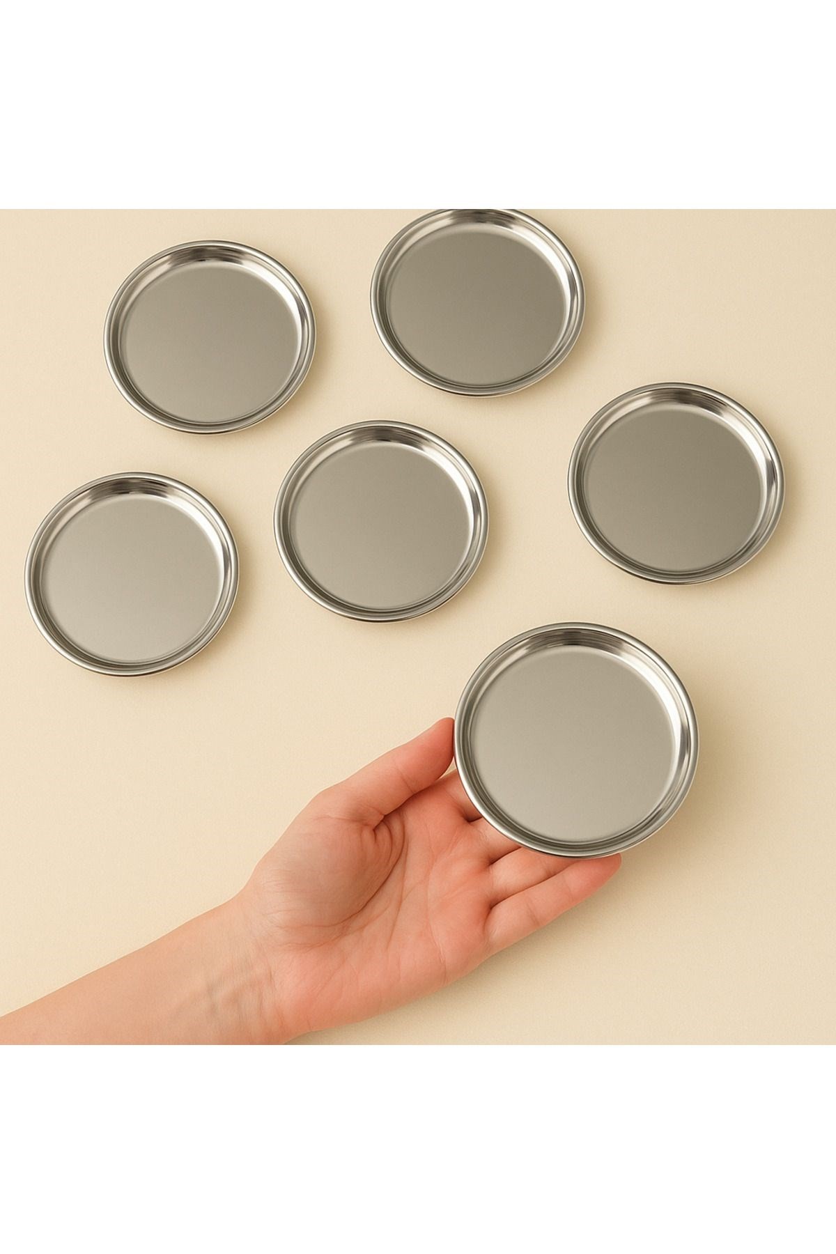 6 Adet 12 cm Gümüş Yuvarlak paslanmaz çelik,lokumluk,ikramlık, pasta servis,Kahve Fincan altlığı