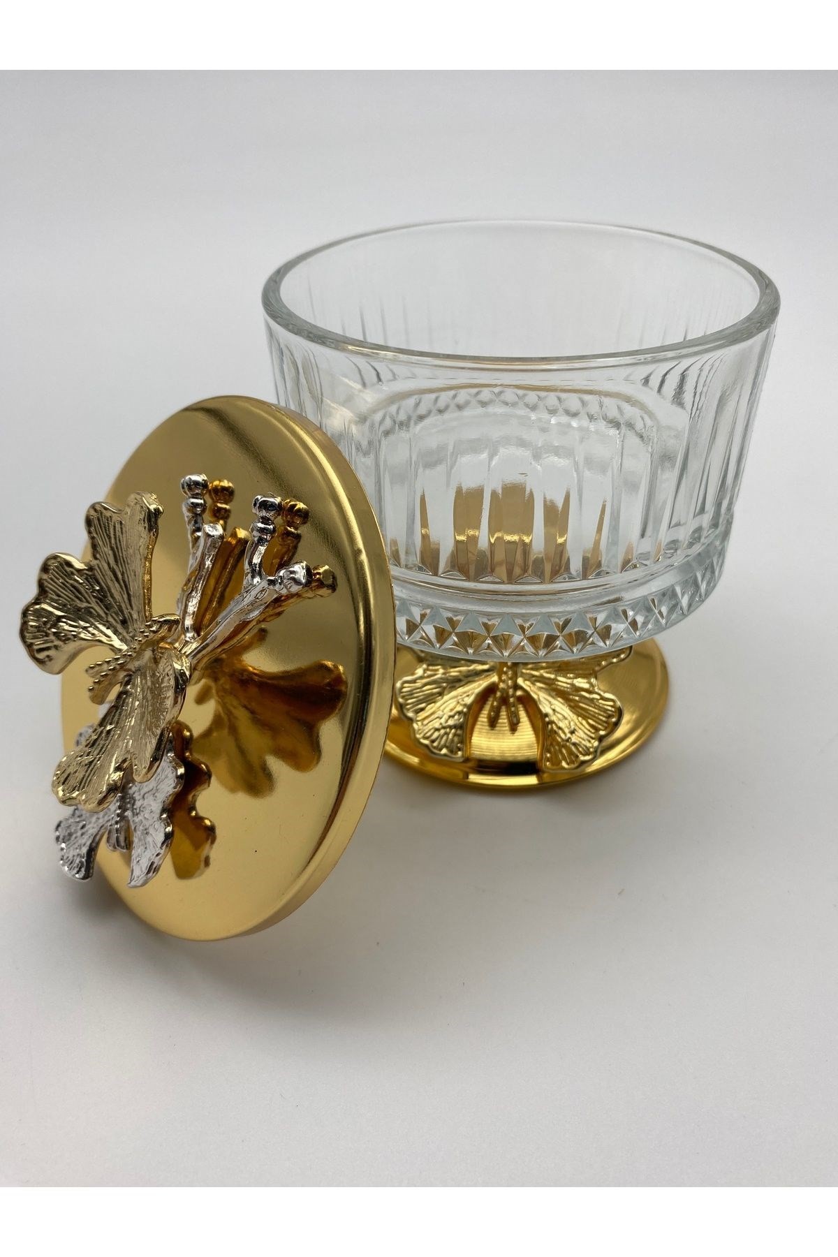 3'lü Ayaklı Gold Elysia Cam Magnolia Kasesi, Kelebek Kapaklı Dondurmalık, Şekerlik, Çerezlik