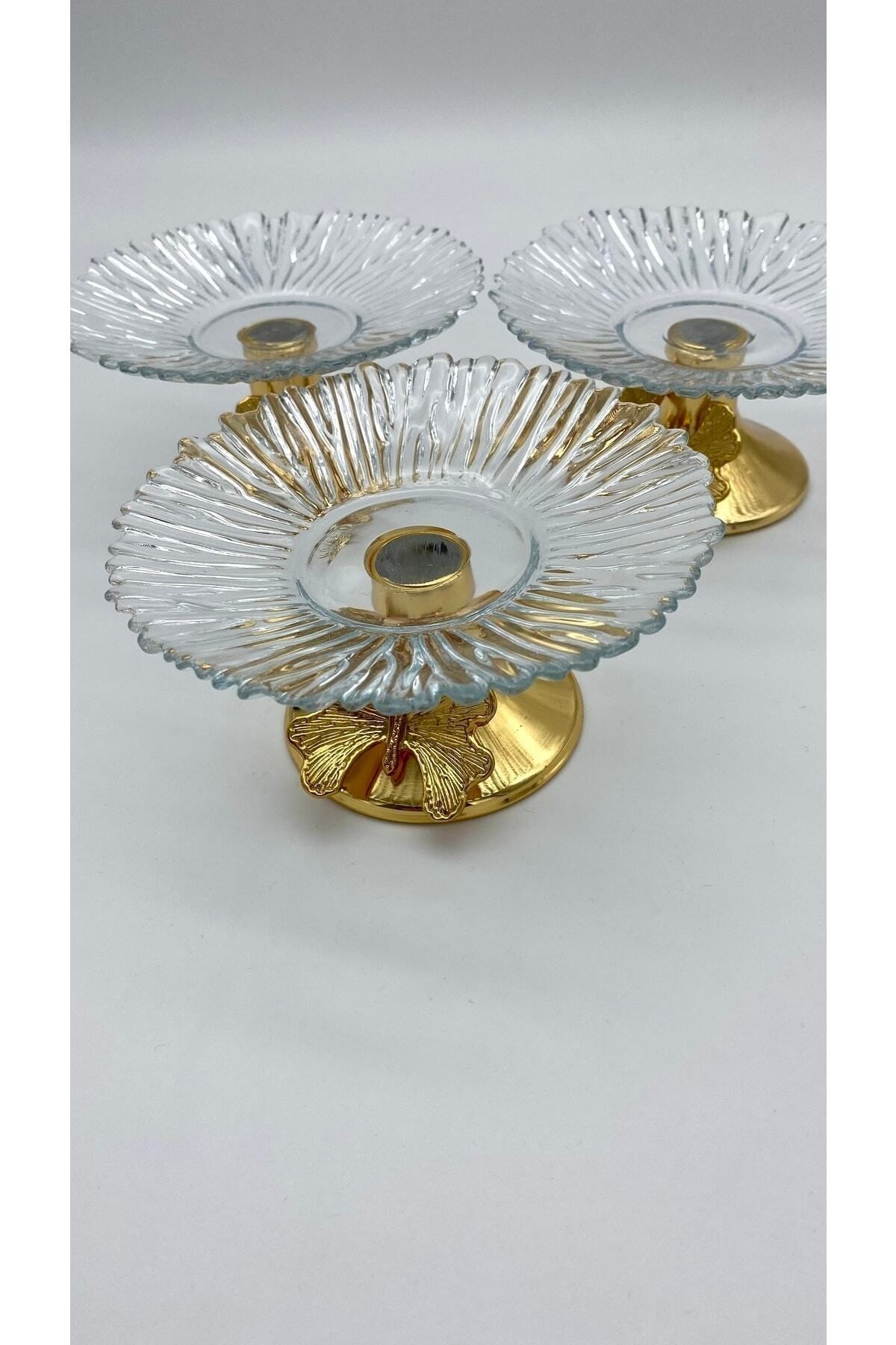 3'lü Kelebek Ayaklı Gold Cam Lokumluk, Şekerlik, Çerezlik, Kahve Yanı Sunumluk 13cm