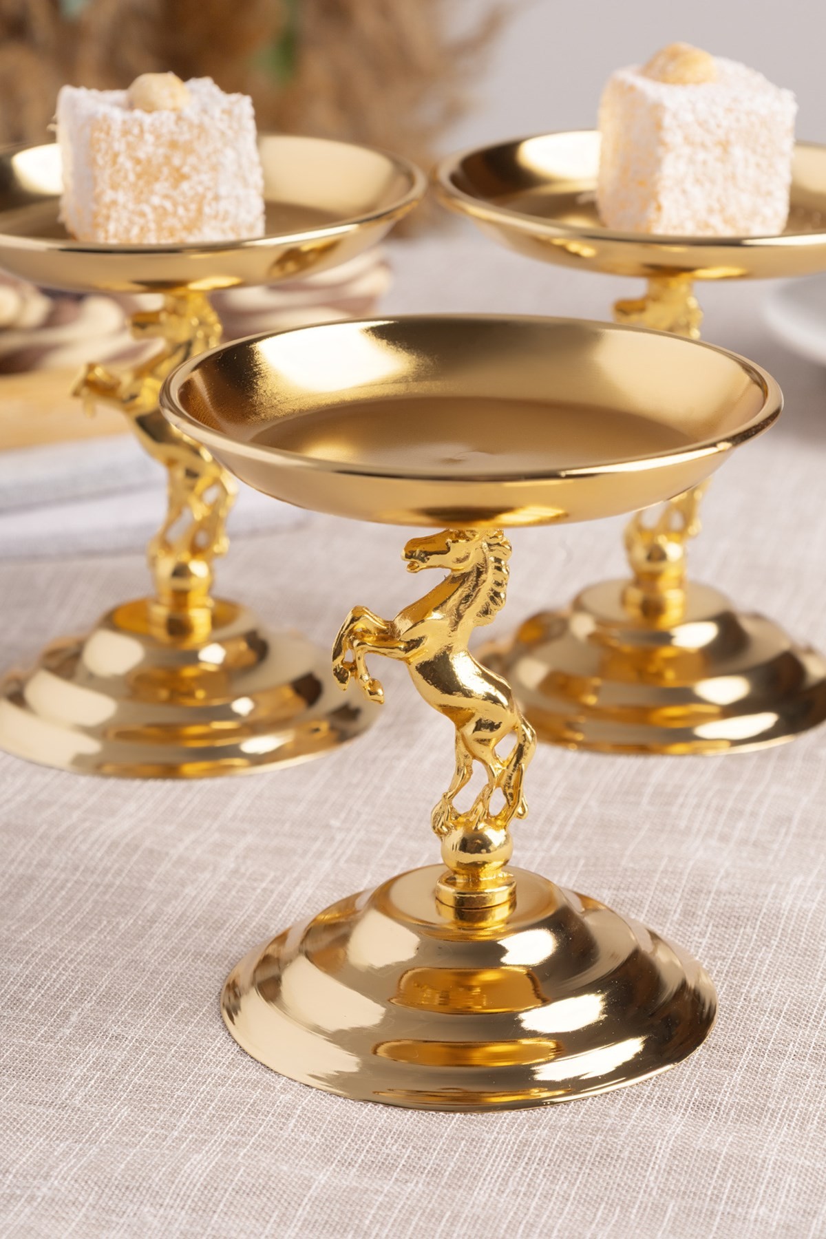 3'lü Atlı Gold Lokumluk, Çay ve Kahve Yanı Sunumluk, Metal Şekerlik, Makaronluk
