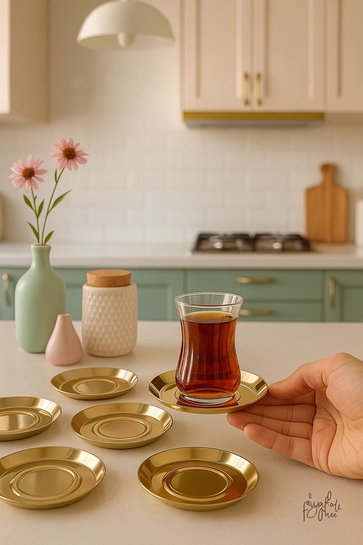 6 Adet Paslanmaz Çelik Gold Renk Çay Tabağı seti