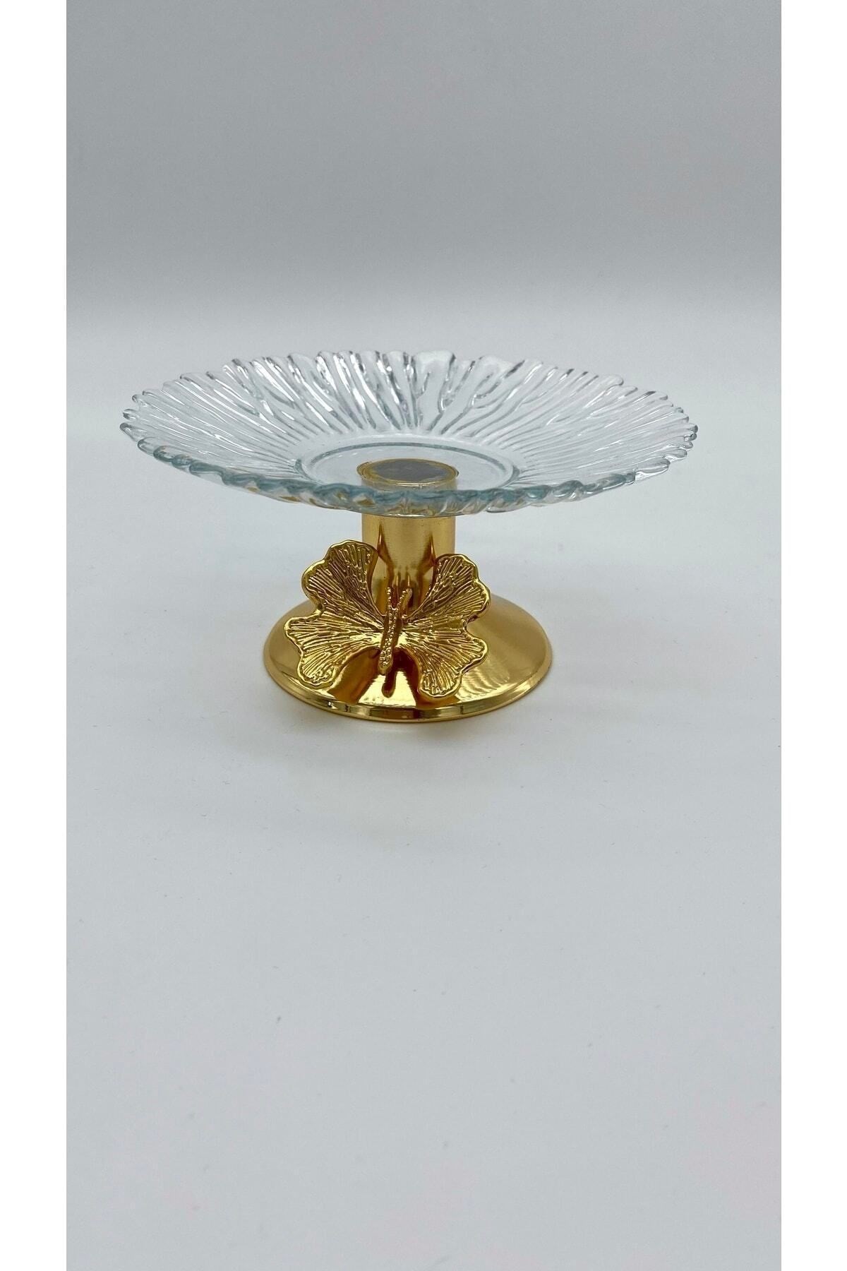 2'li 13cm Gold Kelebek Detaylı Metal Ayaklı Cam Lokumluk , Sunumluk , Şekerlik, Çerezlik
