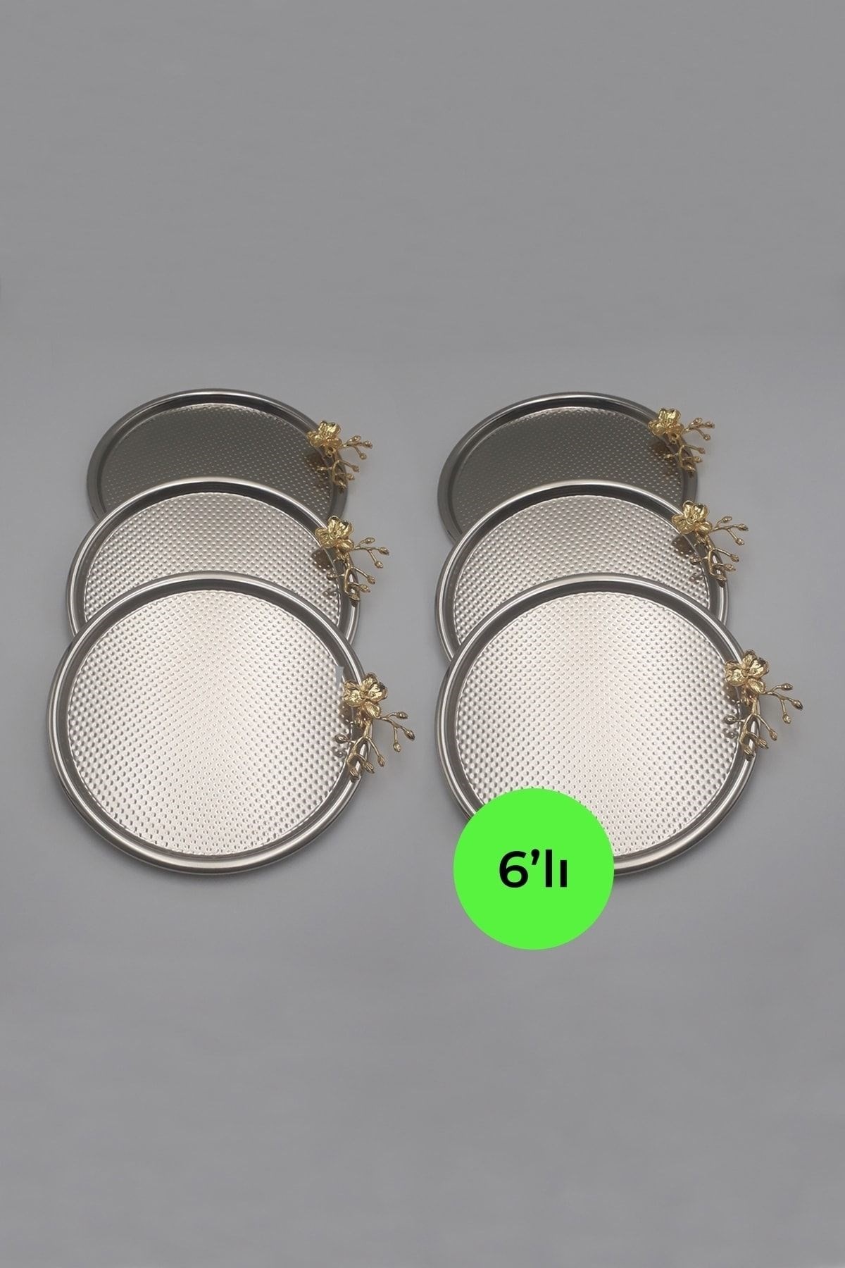 6'lı Japon Güllü Yuvarlak Gümüş Çay ve Kahve Sunum Tepsisi, Dekoratif Servis Tepsisi 22cm