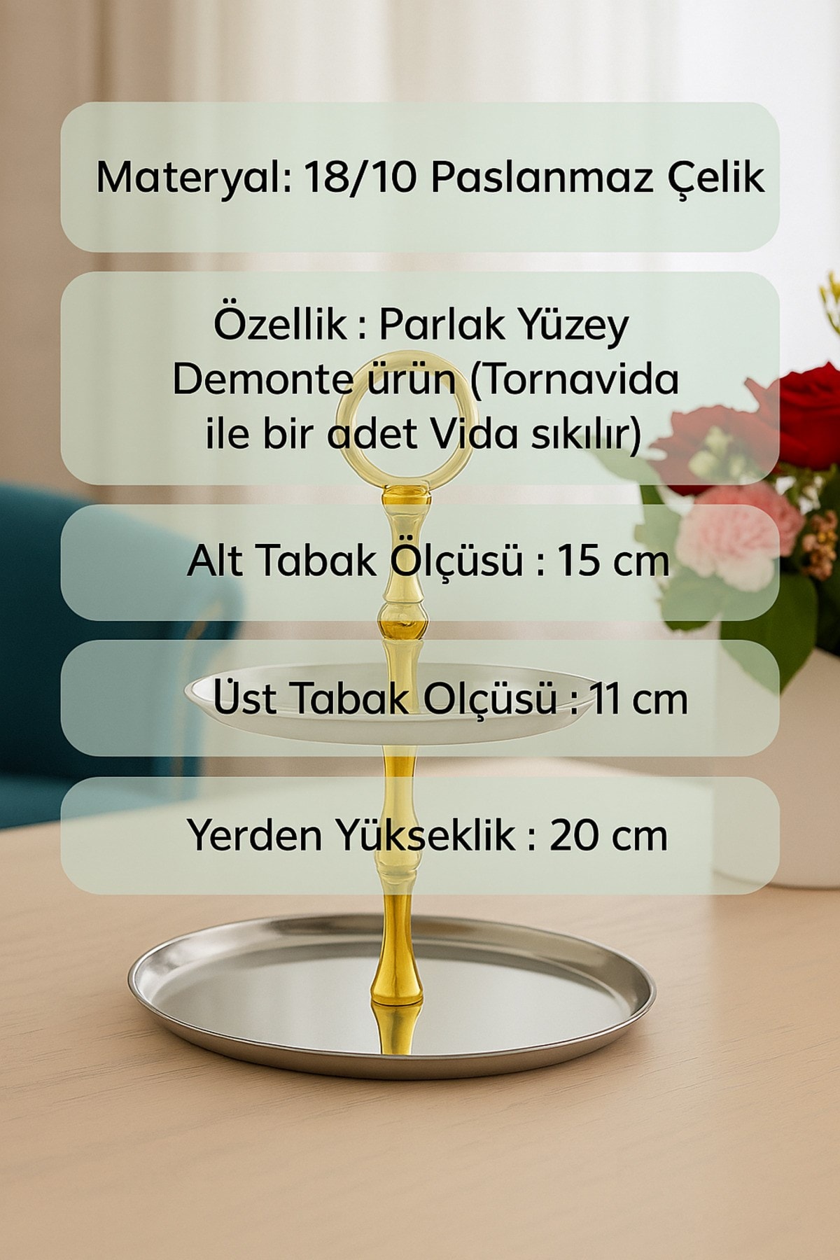 2 Katlı Yuvarlak Paslanmaz Çelik Sunumluk,Kurabiyelik,Makaronluk,Söz,Nişan Masa Aksesuarı,Çeyizlik