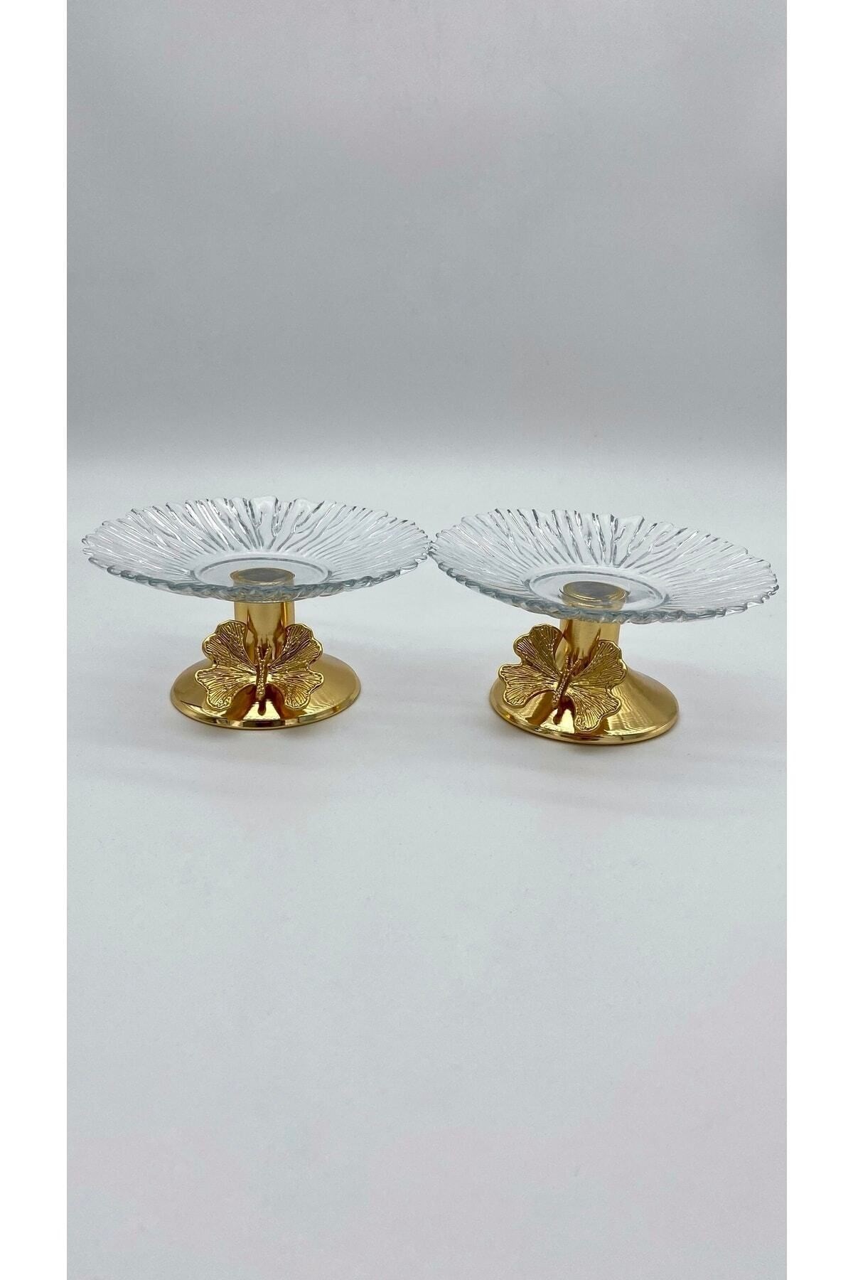2'li 13cm Gold Kelebek Detaylı Metal Ayaklı Cam Lokumluk , Sunumluk , Şekerlik, Çerezlik