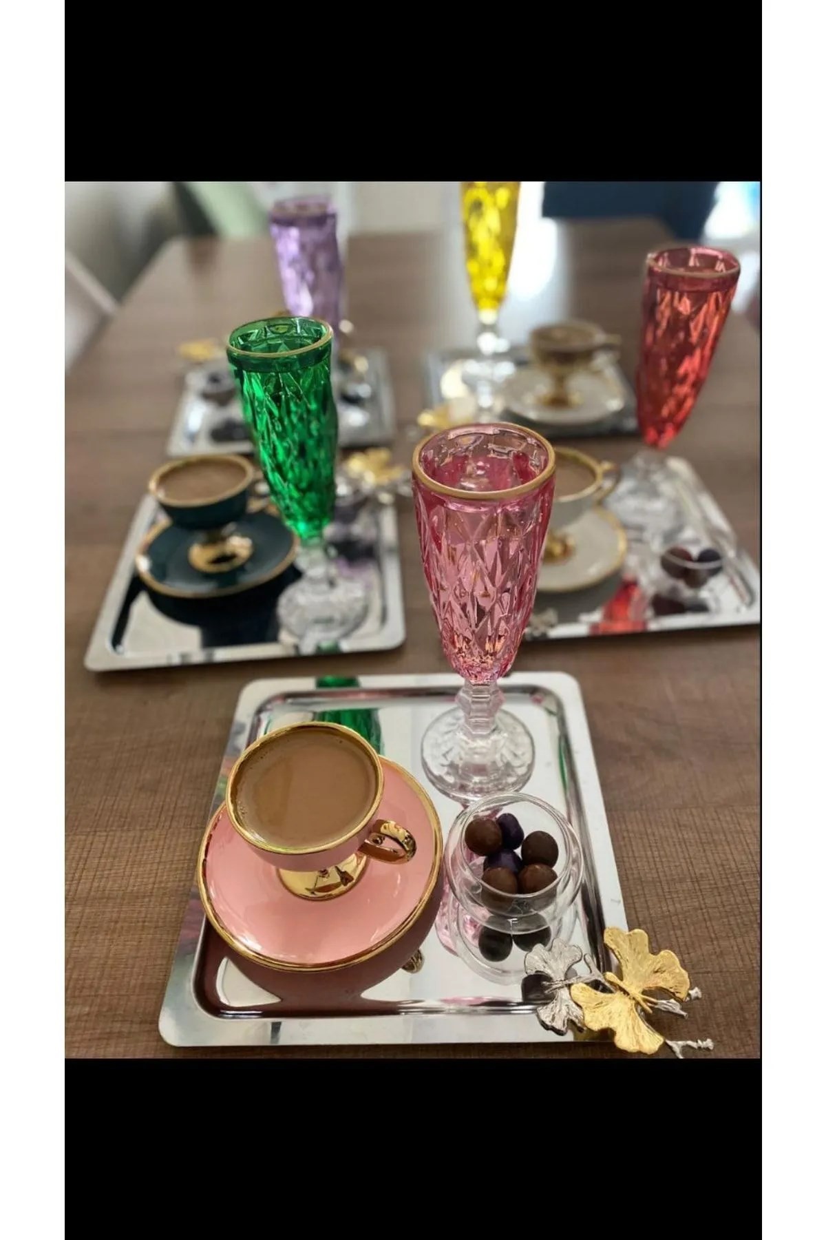 Paslanmaz Çelik Kare 6’lı Sunum Tepsisi Kelebek Aksesuarlı Ikramlık Sunumluk Kahve Ve Çay Sunum