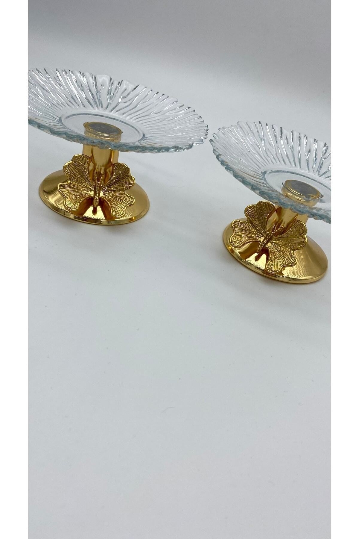 2'li 13cm Gold Kelebek Detaylı Metal Ayaklı Cam Lokumluk , Sunumluk , Şekerlik, Çerezlik