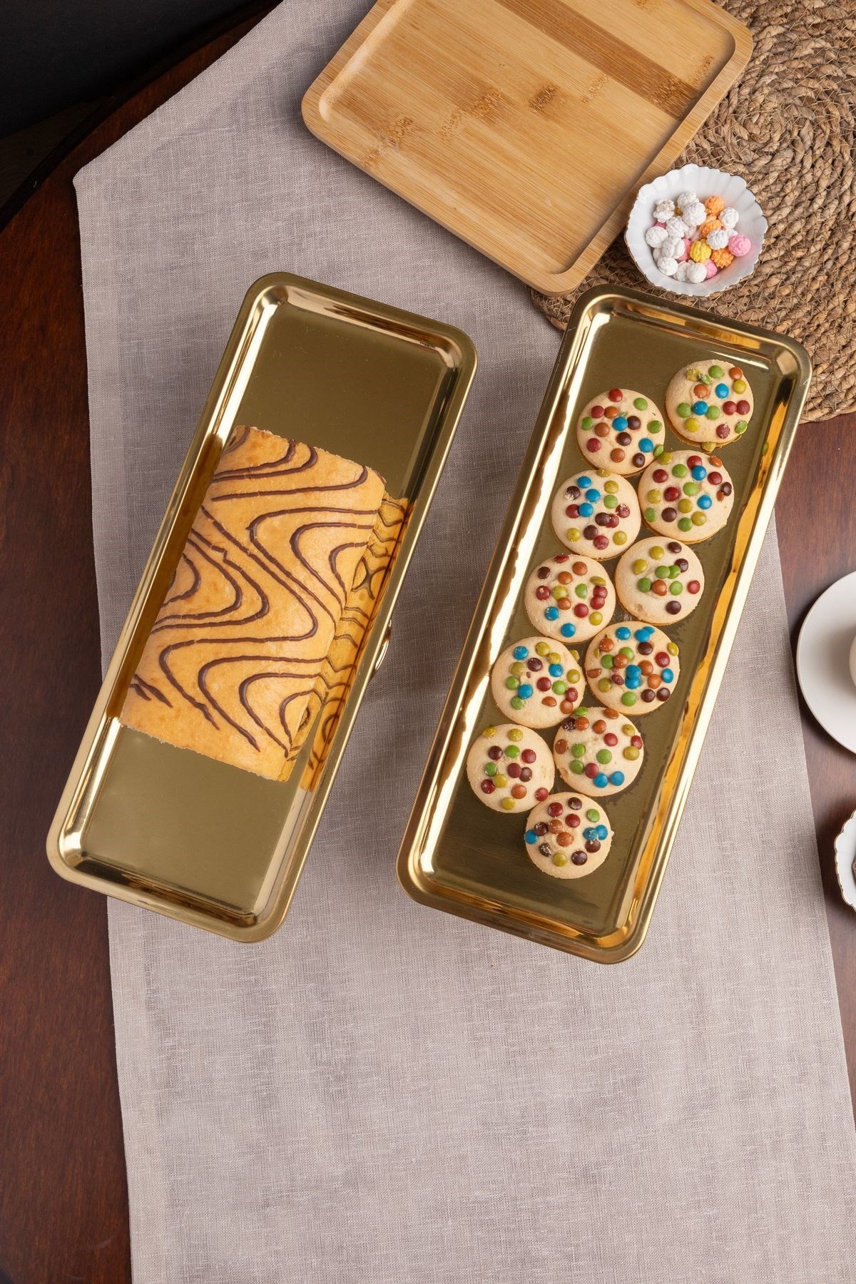 2'li Gold Dikdörtgen, Ayaklı Şık Kek, Pasta, Kurabiye ve Tatlı Servis Sunum Standı