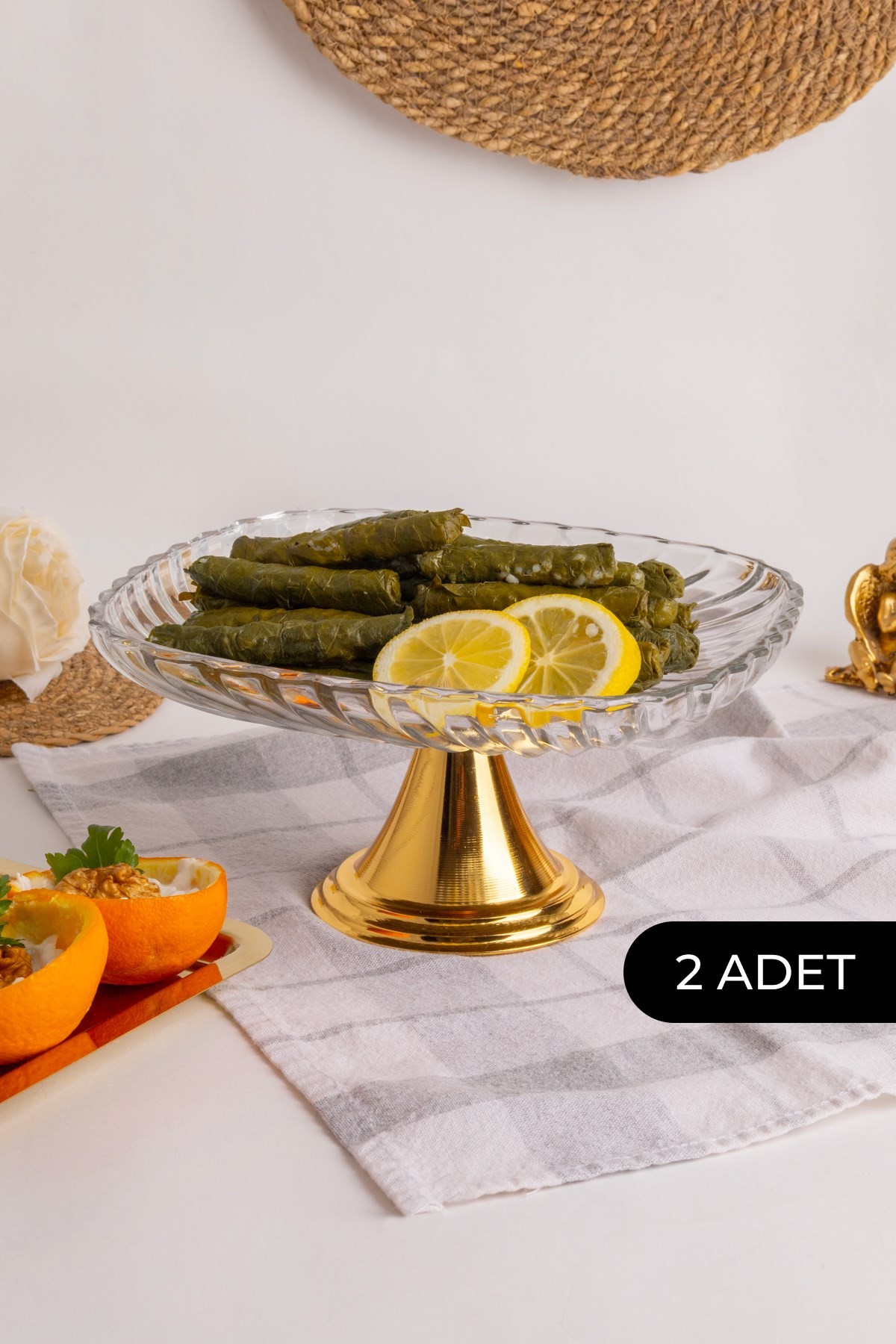 2'li Gold Ayaklı Kare Cam Sunumluk, Sarma, Dolma, Salata, Meyve, ve Pasta Stantı, Çeyizlik