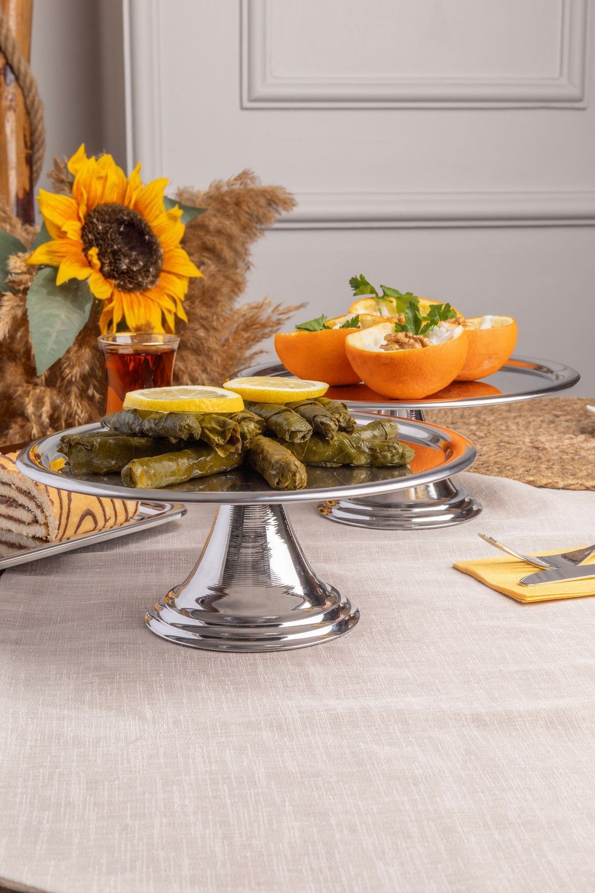 2'li Gümüş Yuvarlak, Ayaklı Şık Kek, Pasta, Kurabiye ve Tatlı Servis Sunum Standı