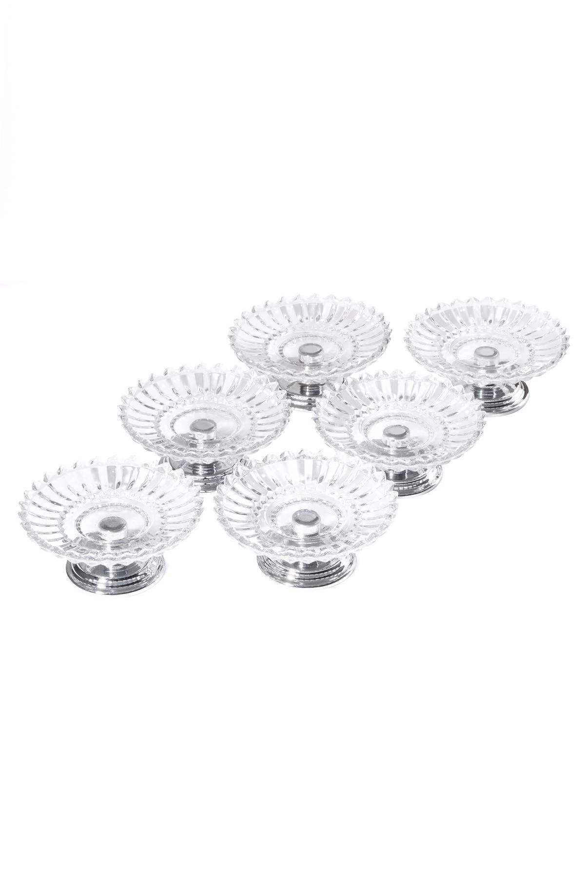 6'lı Mini Gümüş Metal Ayaklı Camlı Lokumluk, Kahve Yanı Kurabiye, Kek Ve Pasta Sunumluk, Makaronluk