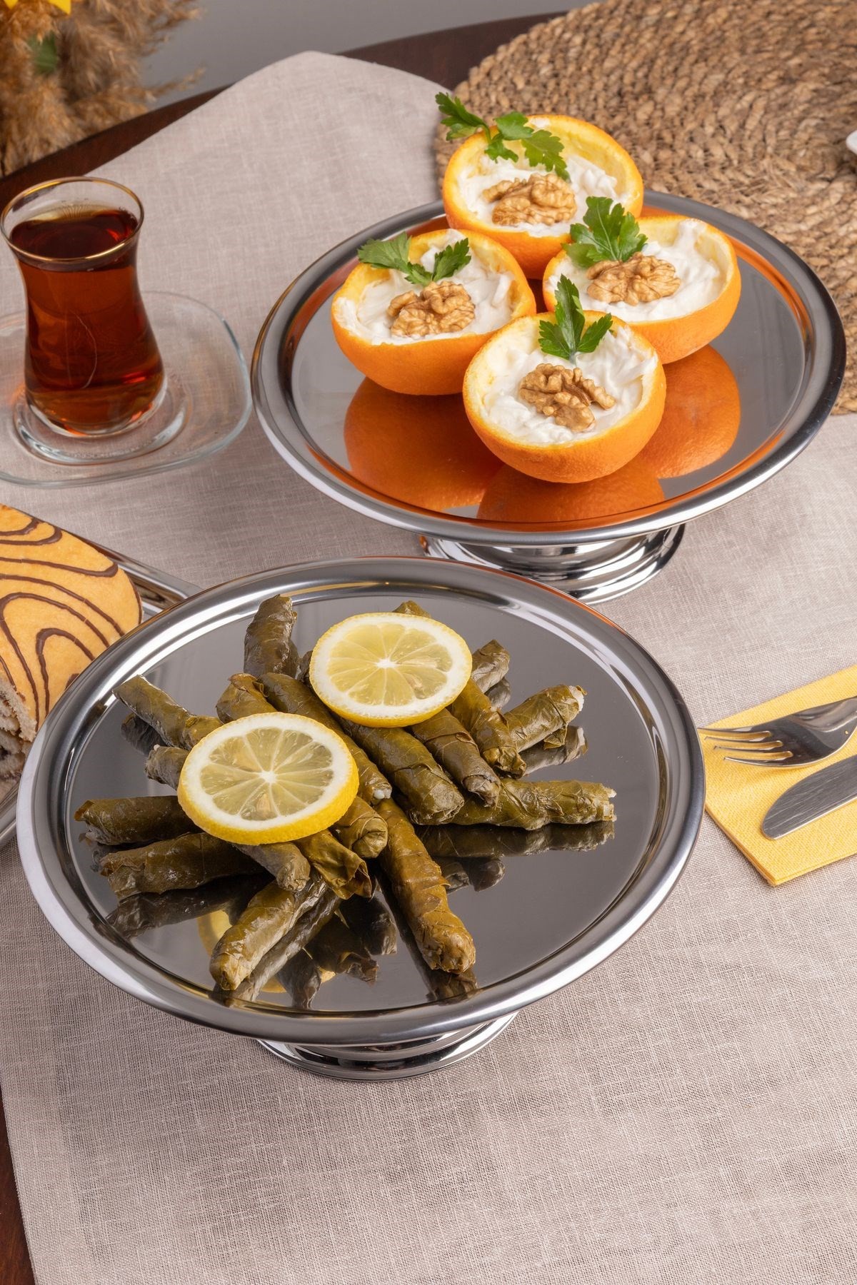 2'li Gümüş Yuvarlak, Ayaklı Şık Kek, Pasta, Kurabiye ve Tatlı Servis Sunum Standı