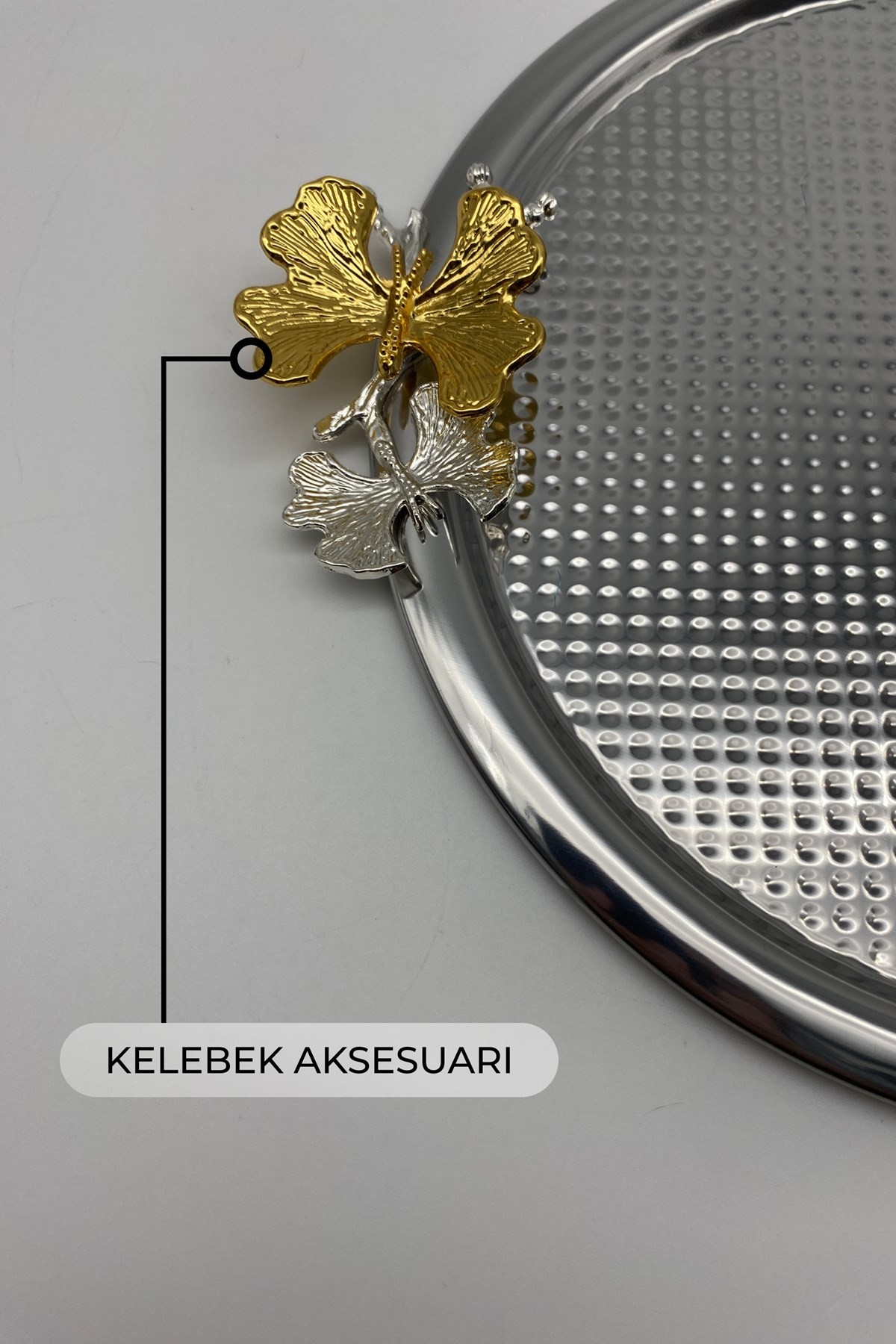 2'li Kelebekli Yuvarlak Gümüş Çay ve Kahve Sunum Tepsisi, Dekoratif Servis Tepsisi 22cm Tek kişilik