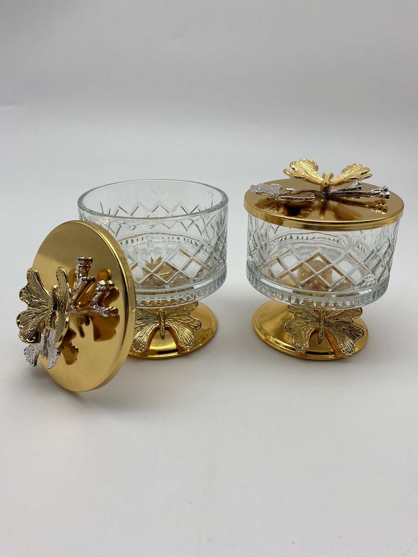 2'li Ayaklı Gold Timeless Cam Magnolia Kasesi, Kelebek Kapaklı Dondurmalık, Şekerlik, Çerezlik