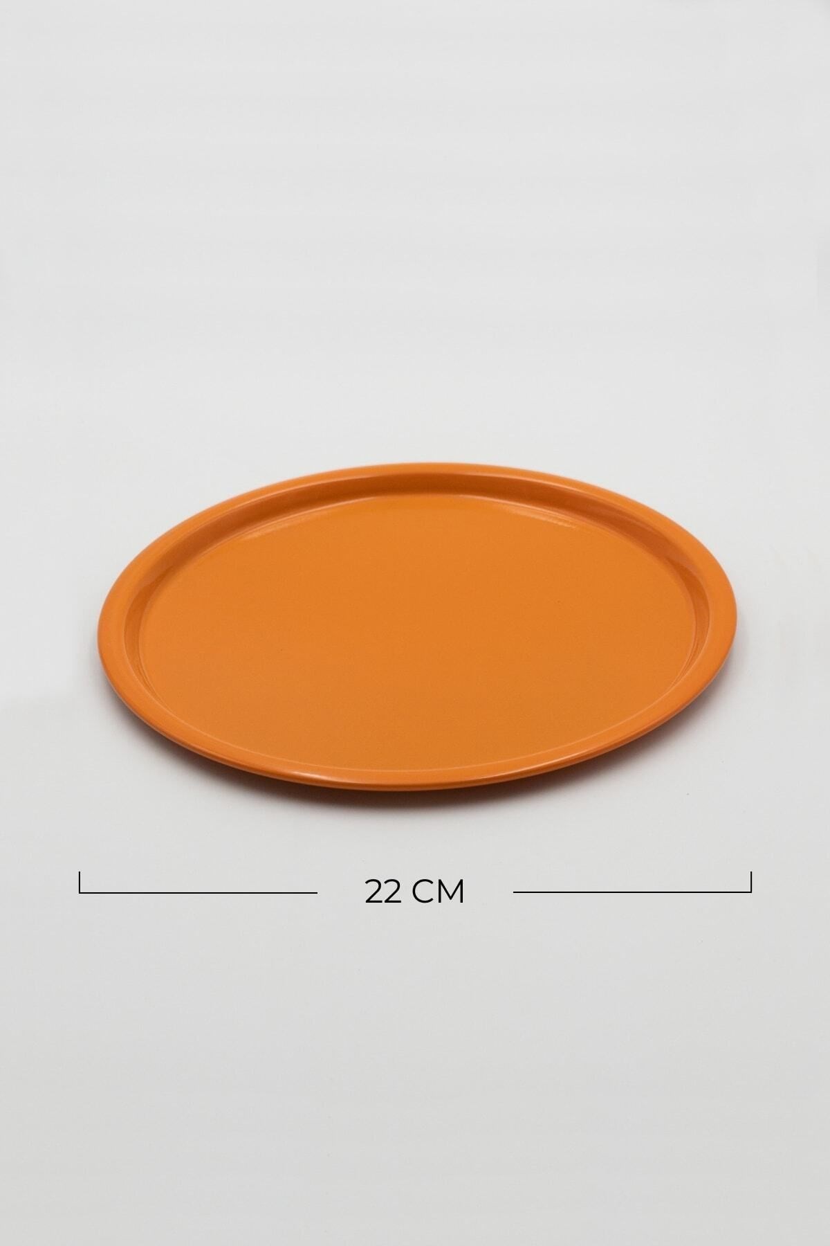 6'lı Turuncu Yuvarlak Metal Tepsi, Tek Kişilik Çay ve Kahve Sunum Tepsisi 22cm