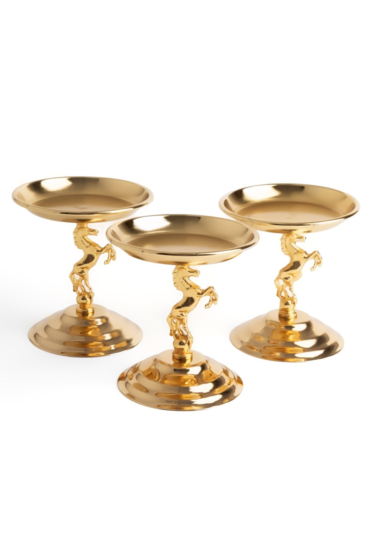 3'lü Atlı Gold Lokumluk, Çay ve Kahve Yanı Sunumluk, Metal Şekerlik, Makaronluk