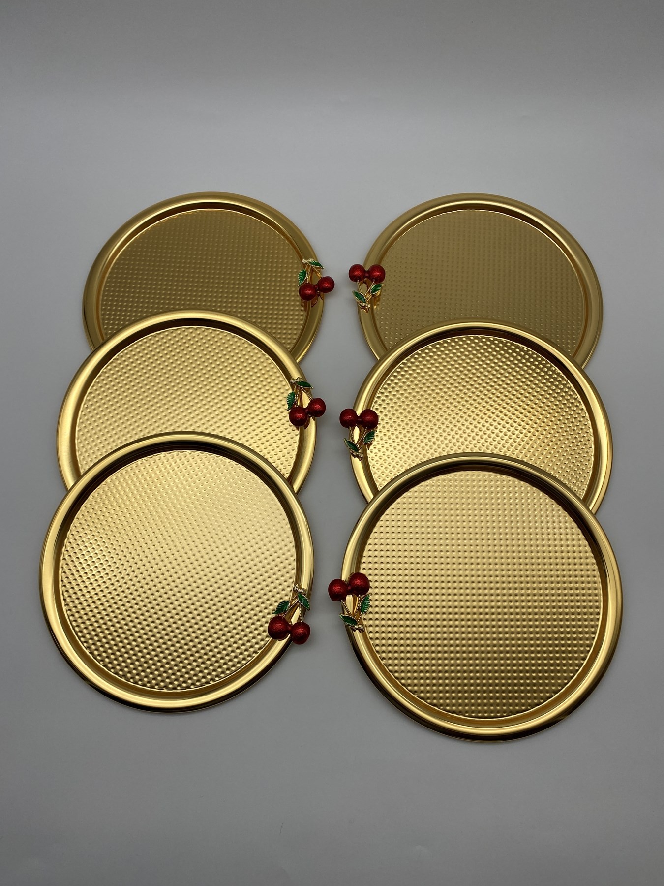 6'lı Kirazlı Yuvarlak Gold Çay ve Kahve Sunum Tepsisi, Dekoratif Servis Tepsisi 22cm Tek Kişilik