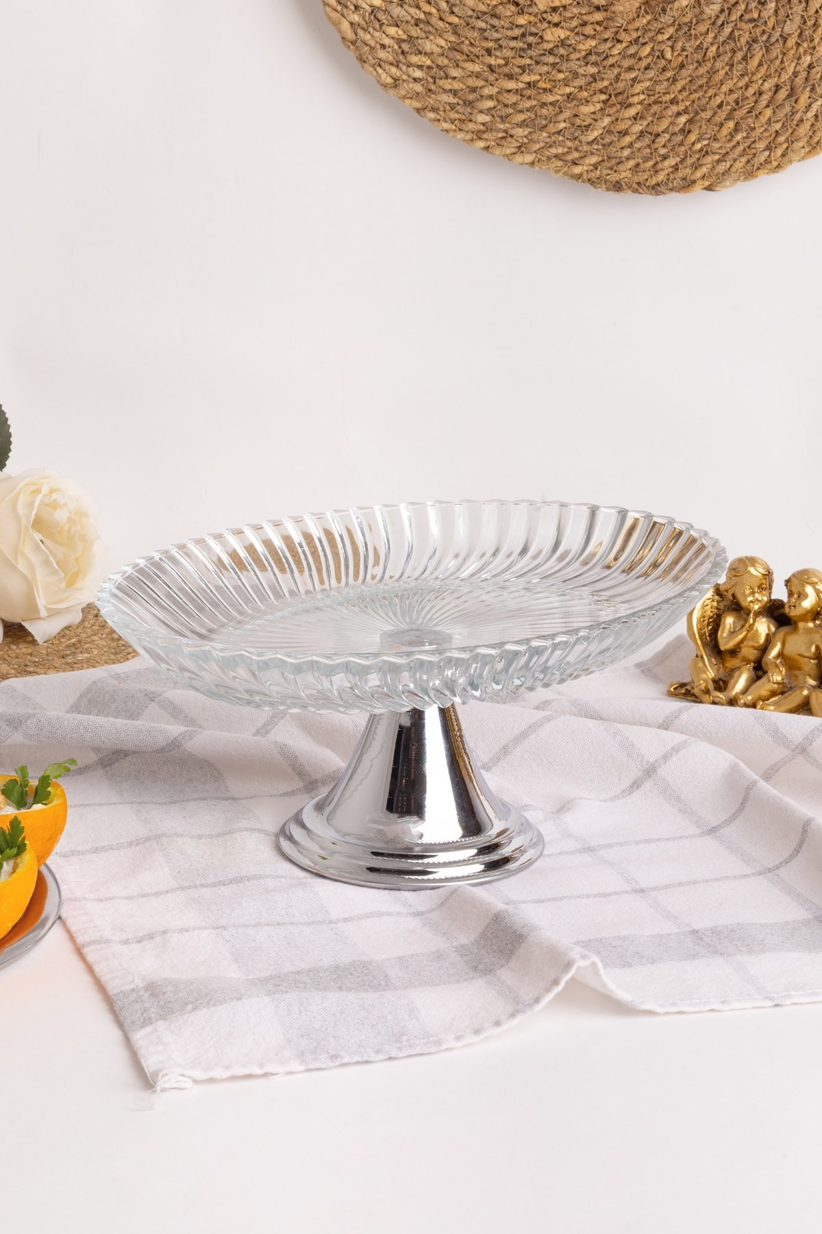 2'li Gümüş Ayaklı Oval Cam Sunumluk, Sarma, Dolma, Salata, Meyve, ve Pasta Stantı, Çeyizlik
