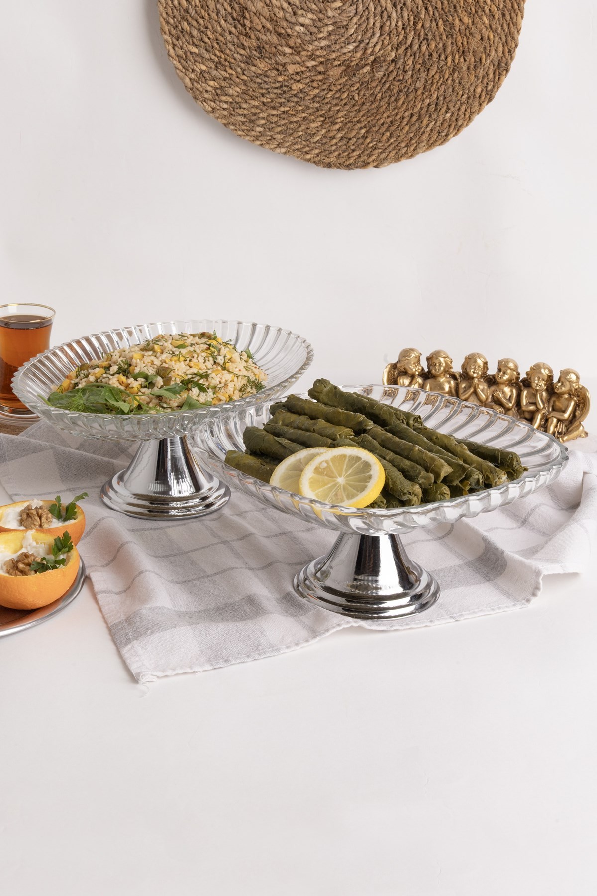 2'li Gümüş Ayaklı Oval ve Kare Cam Sunumluk, Sarma, Dolma, Salata, Meyve, ve Pasta Stantı, Çeyizlik