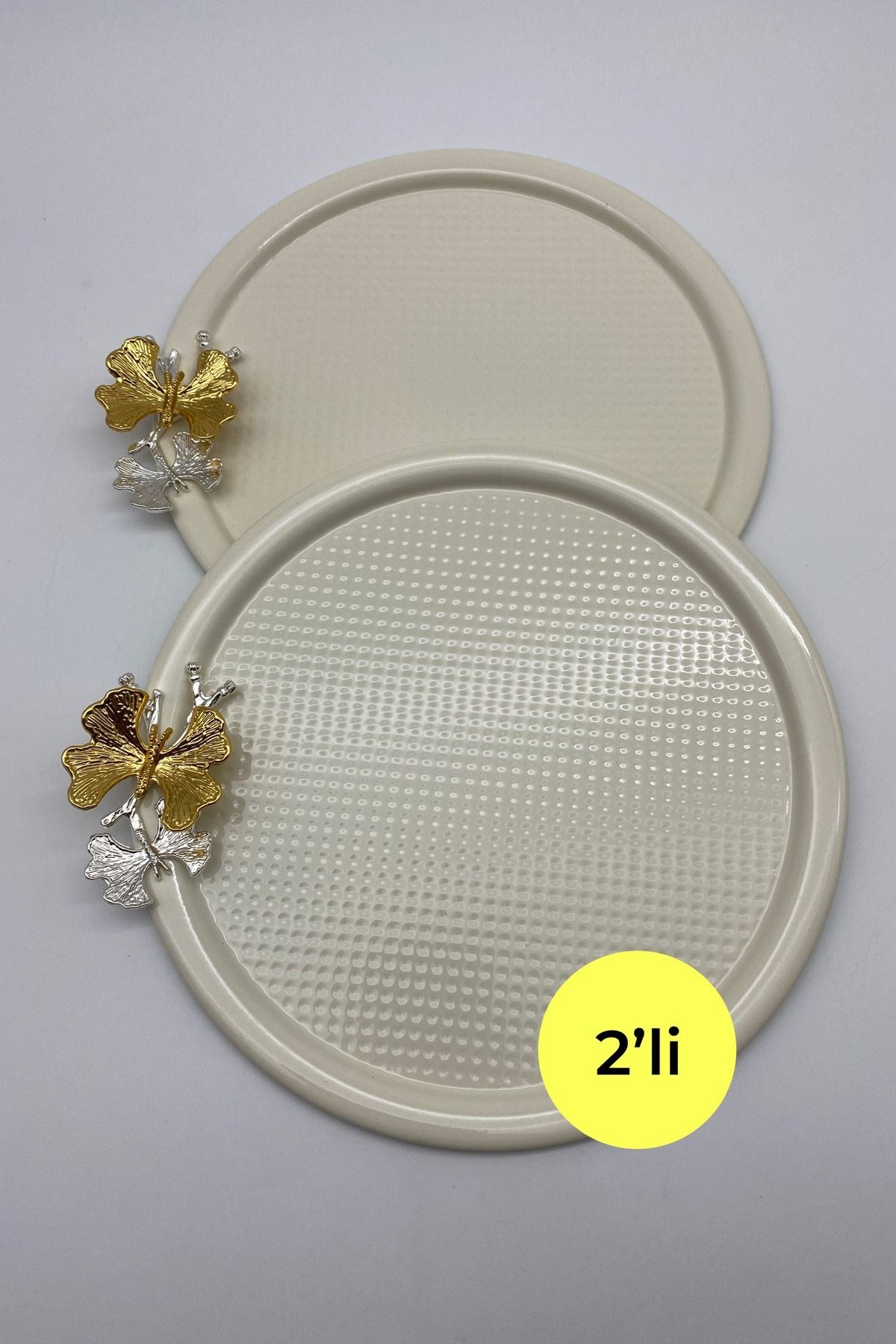 2'li Kelebekli Yuvarlak Krem Çay ve Kahve Sunum Tepsisi, Dekoratif Servis Tepsisi 22cm Tek kişilik