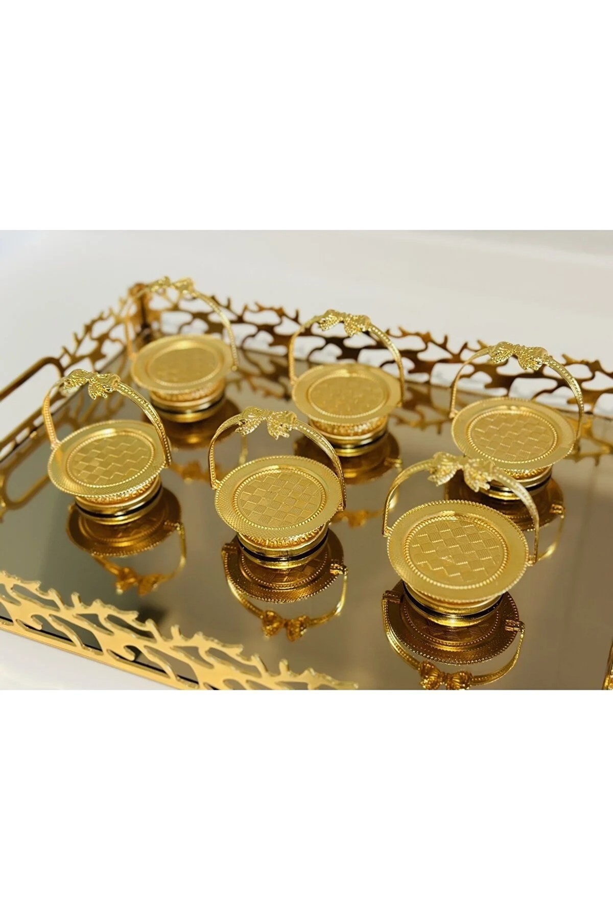 6’lı Gold Metal Kurdele Lokumluk, Şekerlik, Kahve Yanı Sunum, Makaronluk