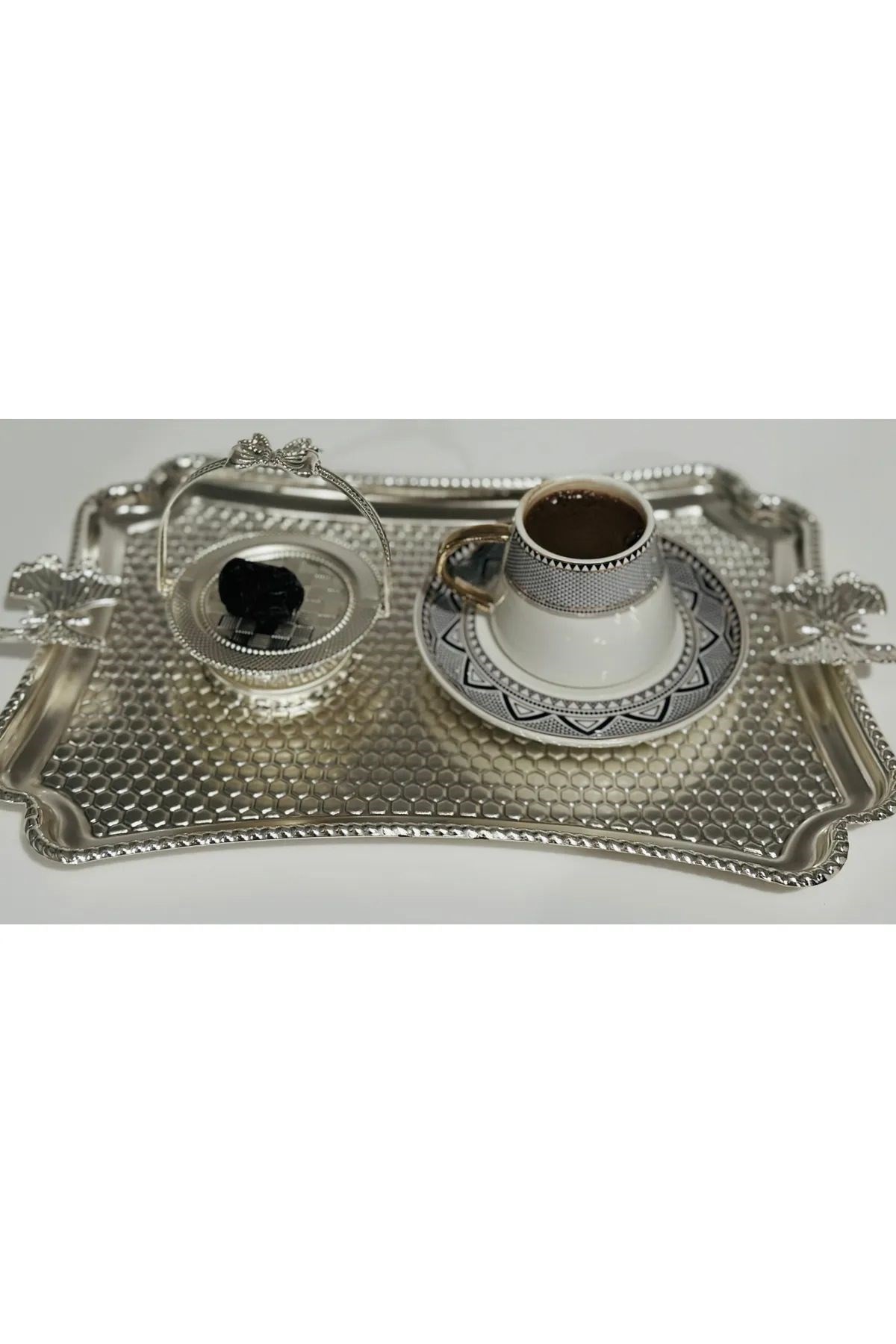 6'lı Gümüş Kurdele Lokumluk, Çay Ve Kahve Yanı Sunumluk, Metal Şekerlik, Makaronluk