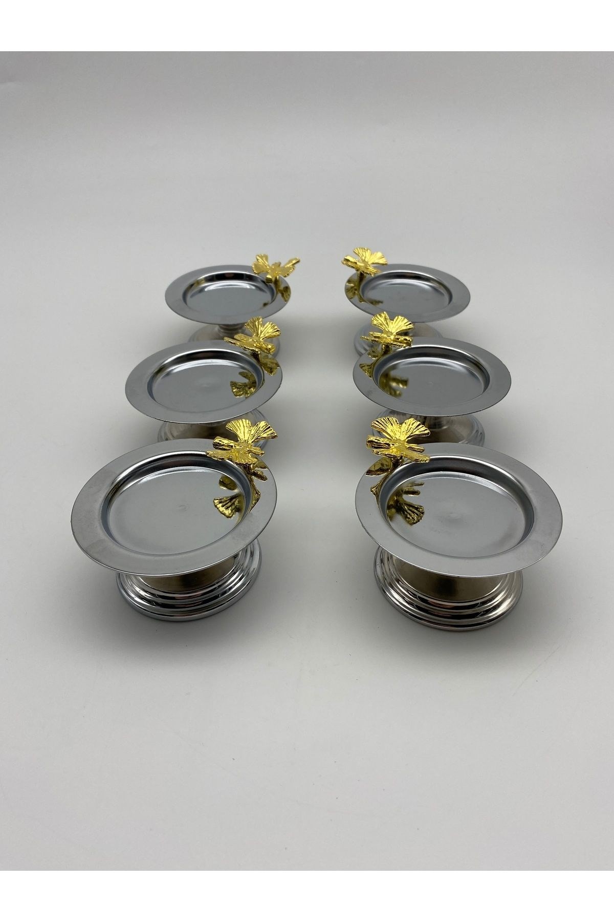 3 Gold, 3 Gümüş Kelebekli Makaronluk, Çay ve Kahve Yanı Lokumluk, Şekerlik, Metal Sunumluk