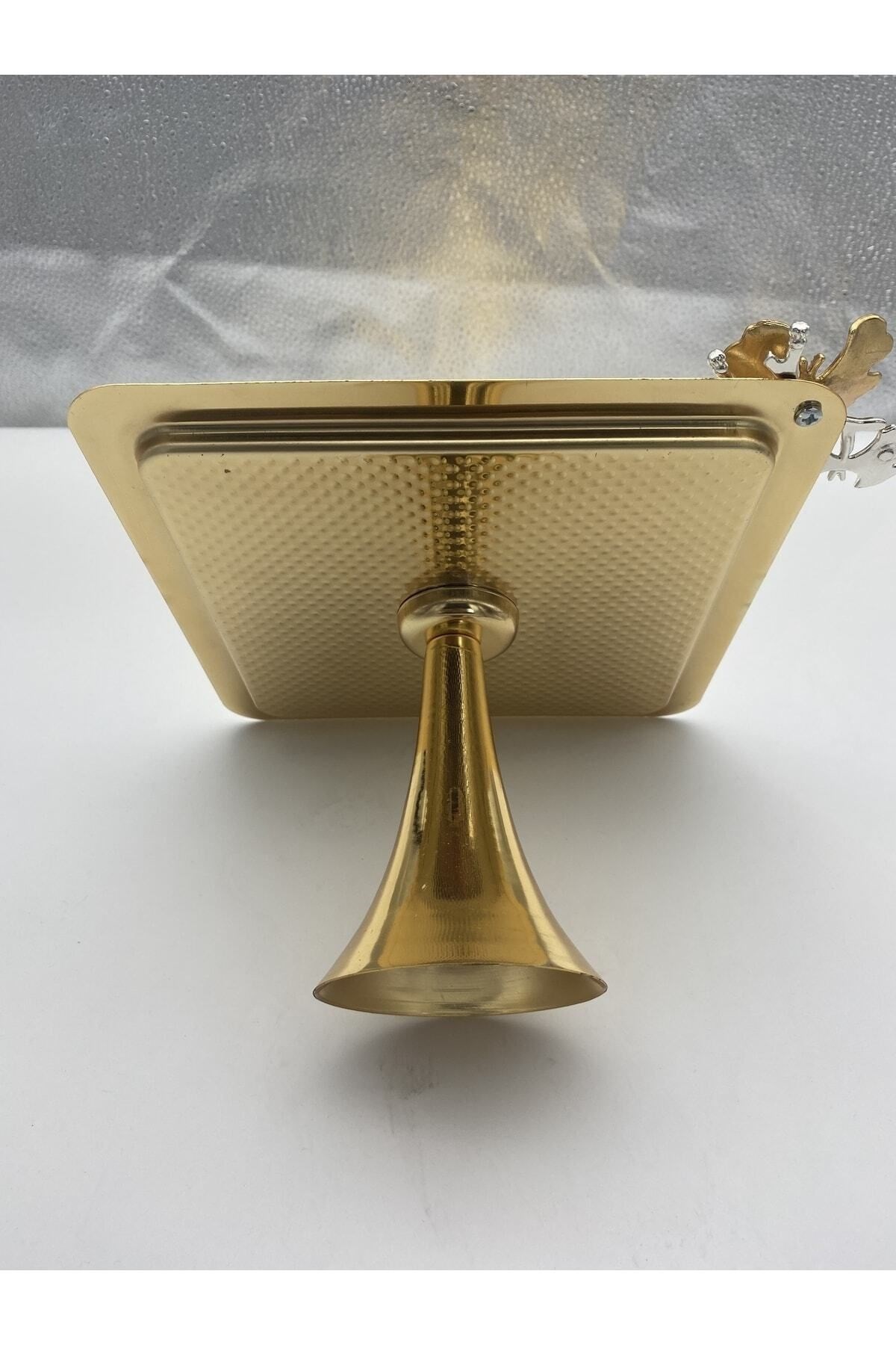 Ayaklı Kare Kelebekli Gold Kek, Kurabiye ve Pasta Sunum Tabağı, Servis Tepsisi