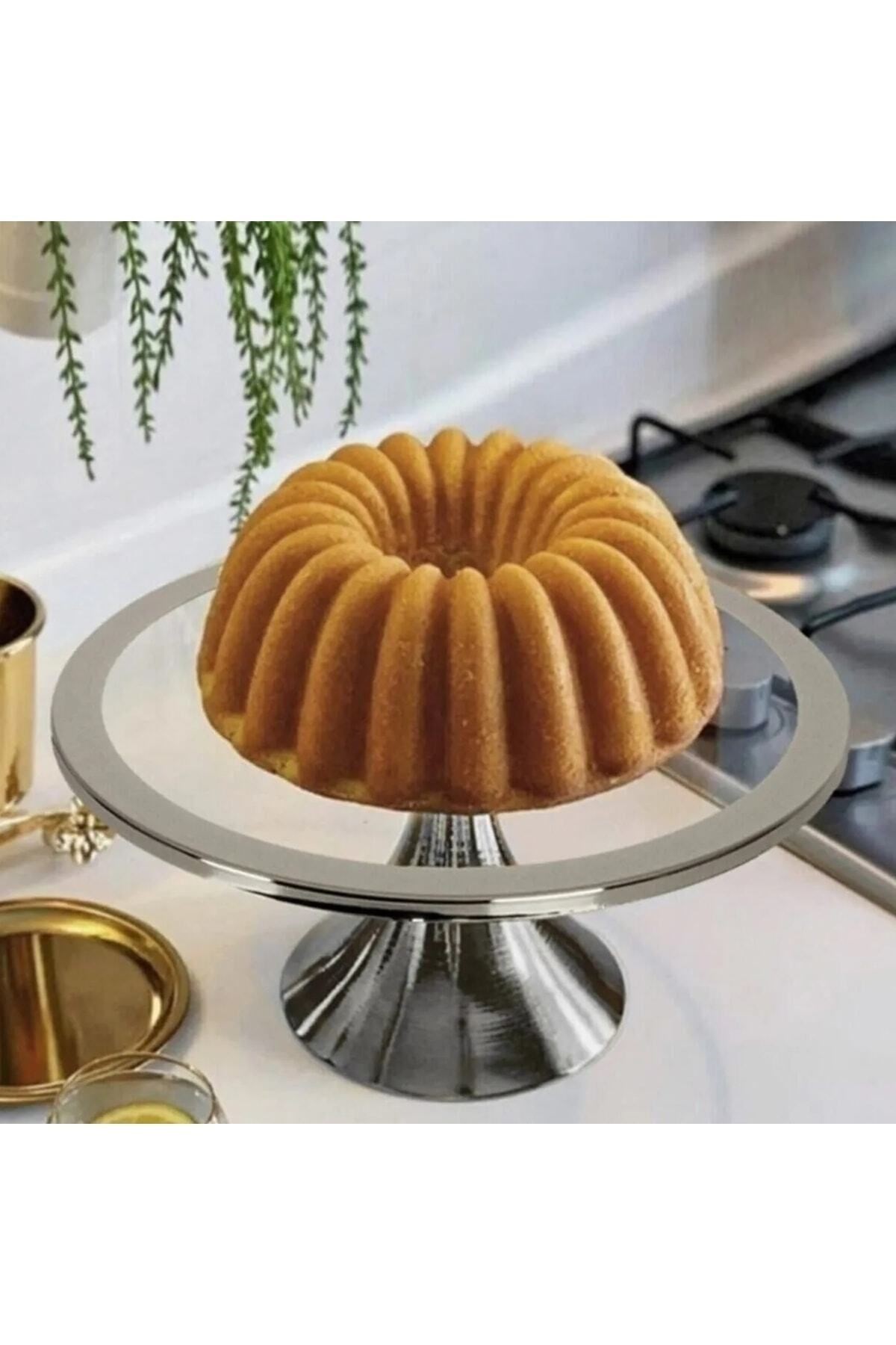 Gümüş Yuvarlak Pasta Standı, Kek ve Kurabiye Sunum Stantı, Çeyizlik, Hediyelik, Pasta Tabağı