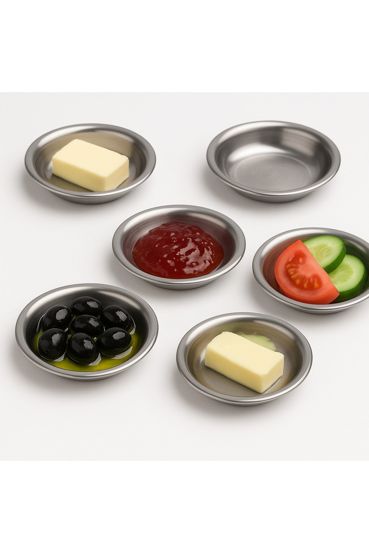 18/10 Paslanmaz Çelik Tabak Kase Seti 6 Parça,Kahvaltılık,Çerezlik,Çeyizlik,12 cm Tabak,Reçel Sunum