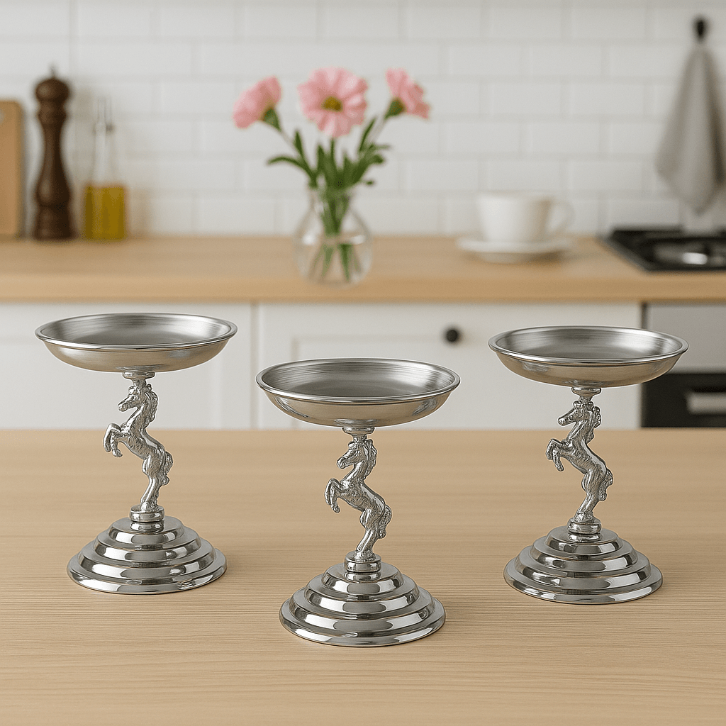 3'lü Atlı Gümüş Lokumluk, Çay ve Kahve Yanı Sunumluk, Metal Şekerlik, Makaronluk