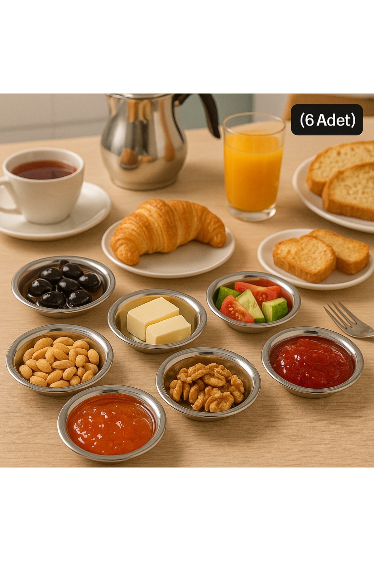 18/10 Paslanmaz Çelik Tabak Kase Seti 6 Parça,Kahvaltılık,Çerezlik,Çeyizlik,12 cm Tabak,Reçel Sunum