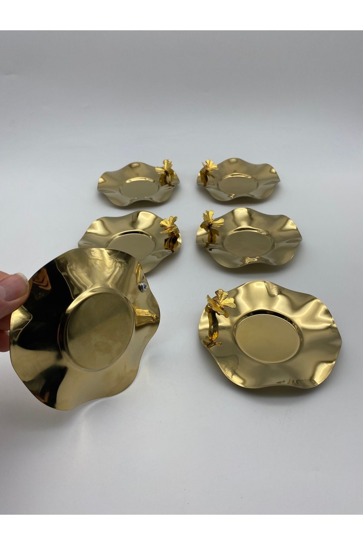 6'lı Kelebekli Gold Dalgalı Model Paslanmaz Çelik Çay Tabağı, Fincan ve Kupa Altlığı
