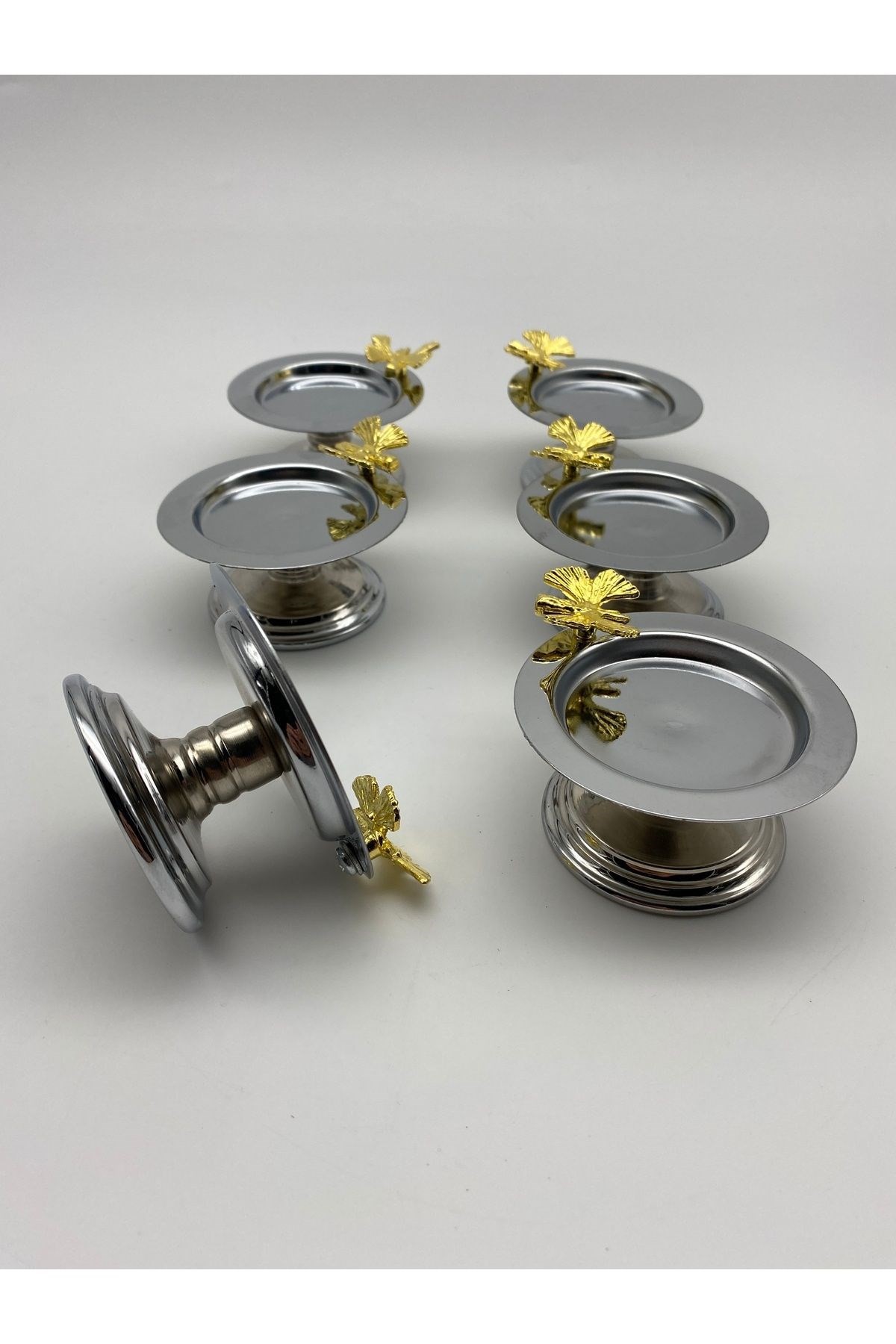 3 Gold, 3 Gümüş Kelebekli Makaronluk, Çay ve Kahve Yanı Lokumluk, Şekerlik, Metal Sunumluk