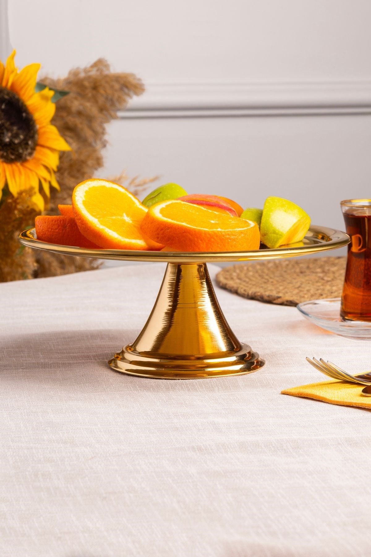 Gold Yuvarlak, Ayaklı Şık Kek, Pasta, Kurabiye ve Tatlı Servis Sunum Standı