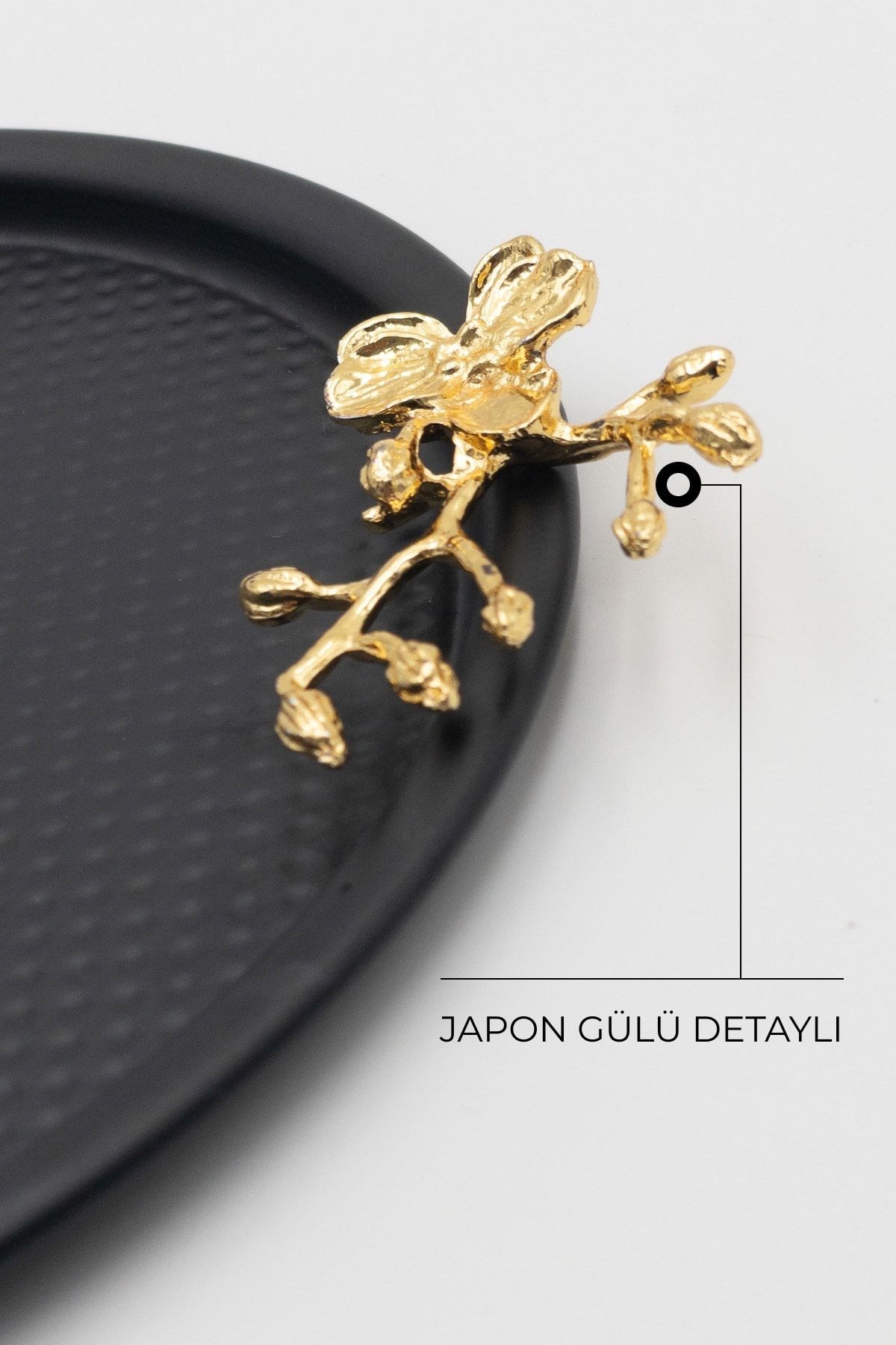 Japon Güllü Yuvarlak Siyah Sunum Tepsisi, Pasta Çay Kahve Dekoratif Servis Tepsisi 22cm