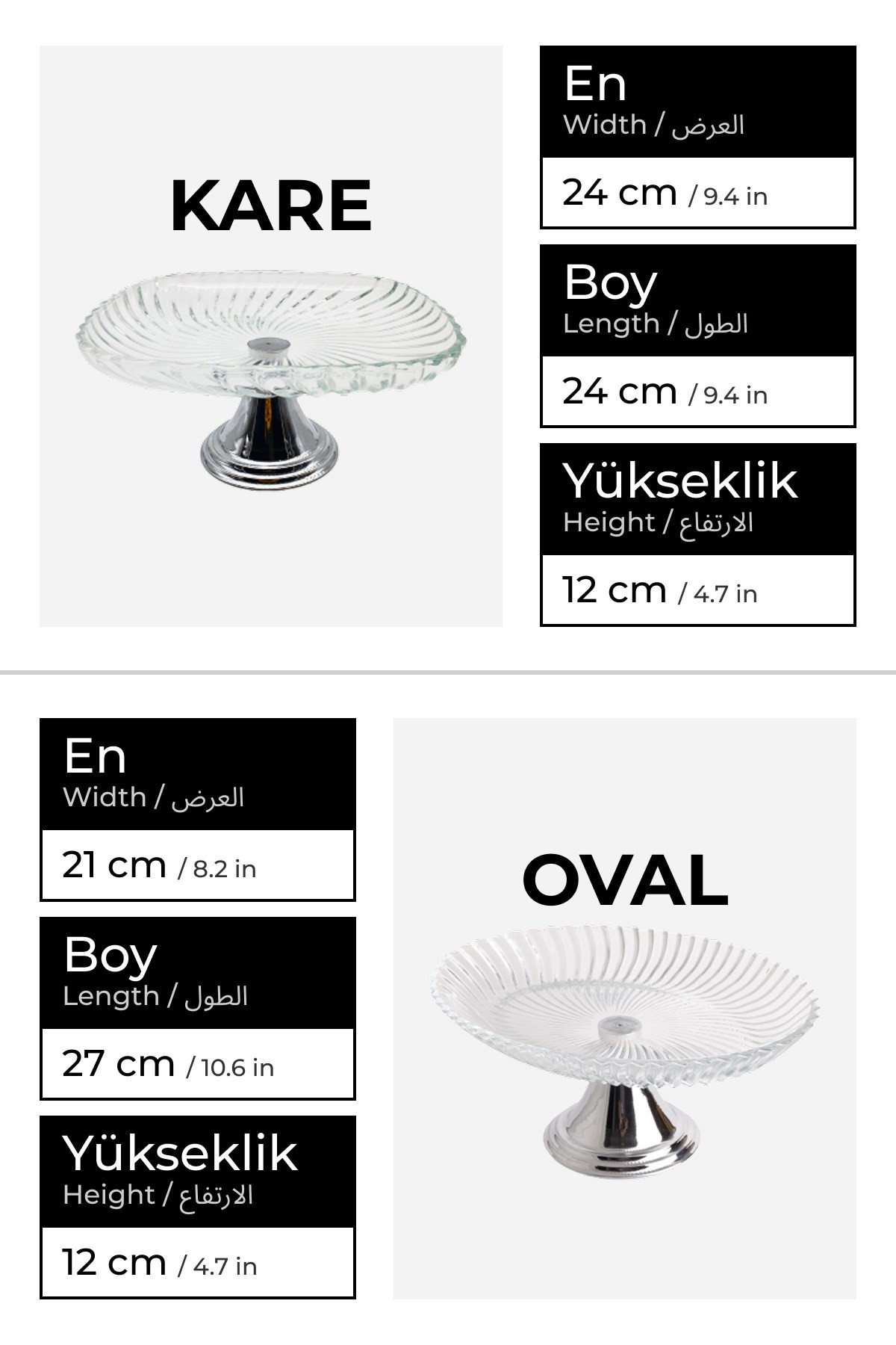 2'li Gümüş Ayaklı Oval ve Kare Cam Sunumluk, Sarma, Dolma, Salata, Meyve, ve Pasta Stantı, Çeyizlik