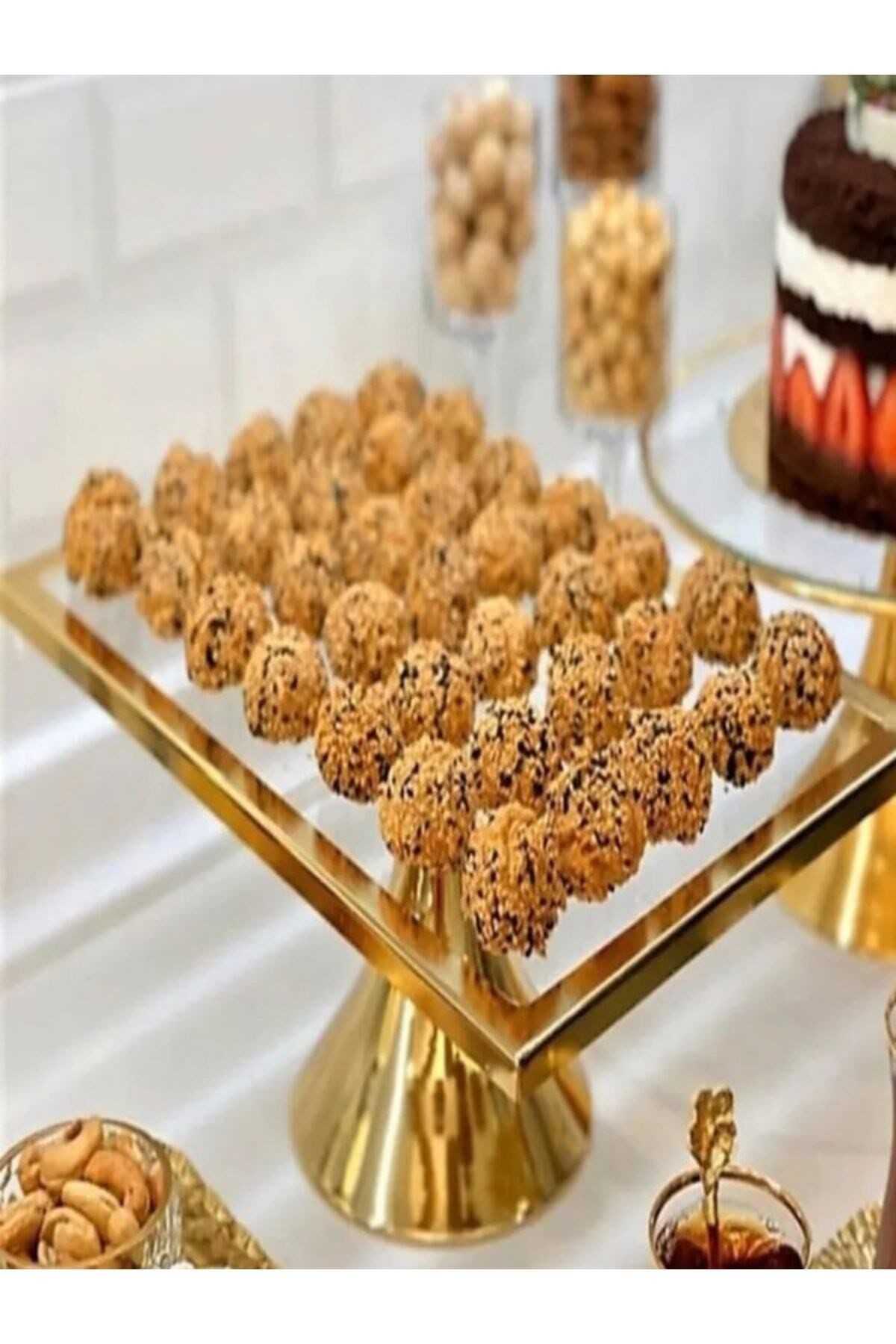 Gold Dikdörtgen Pasta Standı, Kek ve Kurabiye Sunum Stantı, Çeyizlik, Hediyelik, Pasta Tabağı