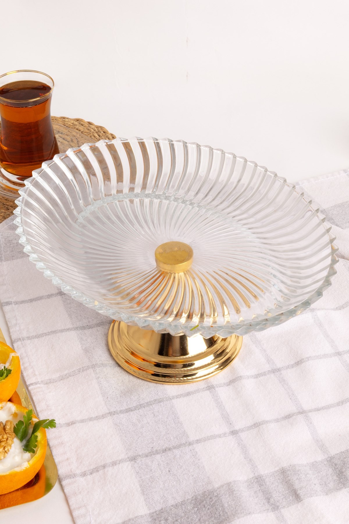 2'li Gold Ayaklı Oval Cam Sunumluk, Sarma, Dolma, Salata, Meyve, ve Pasta Stantı, Çeyizlik