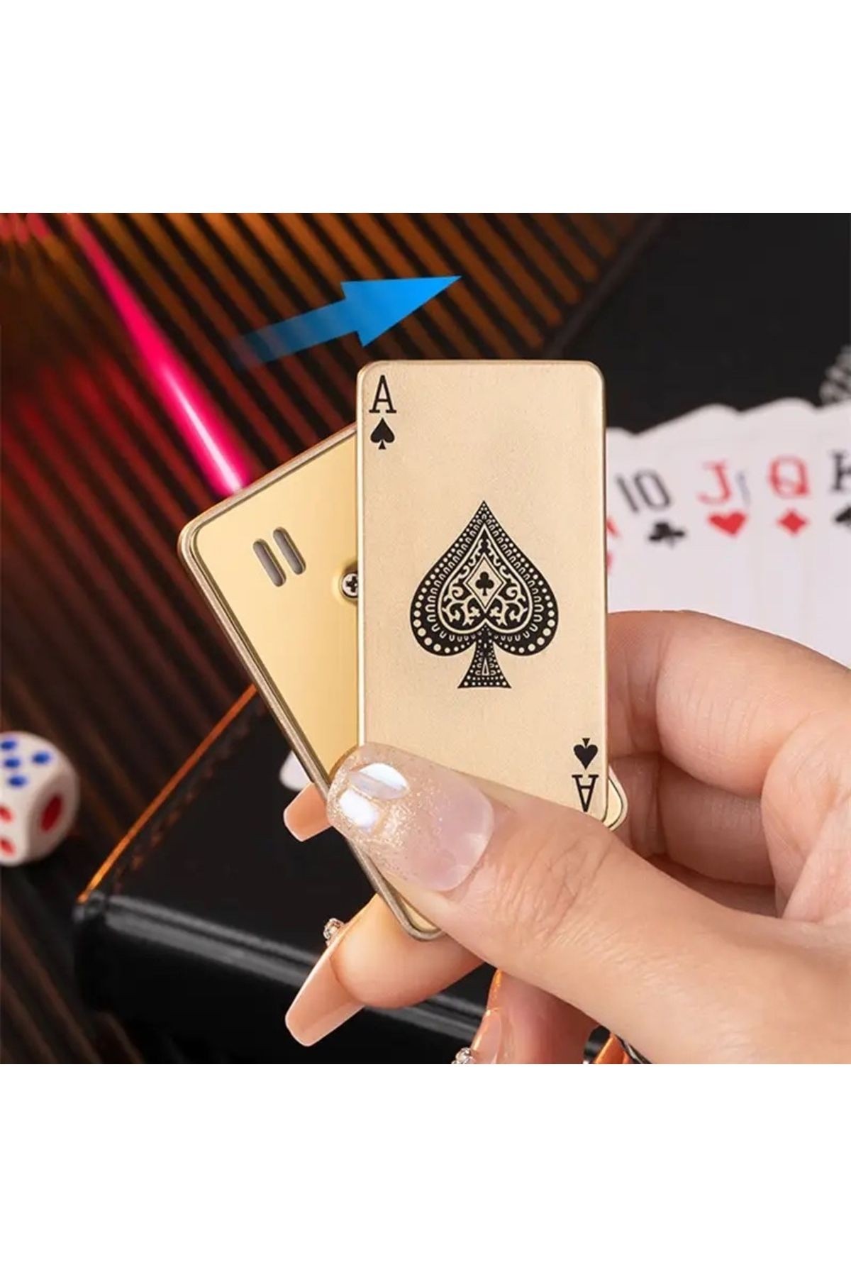 Anahtarlık Poker Tasarim Jet Alev Oyun Karti Rüzgar Geçirmez Çakmak Sarı
