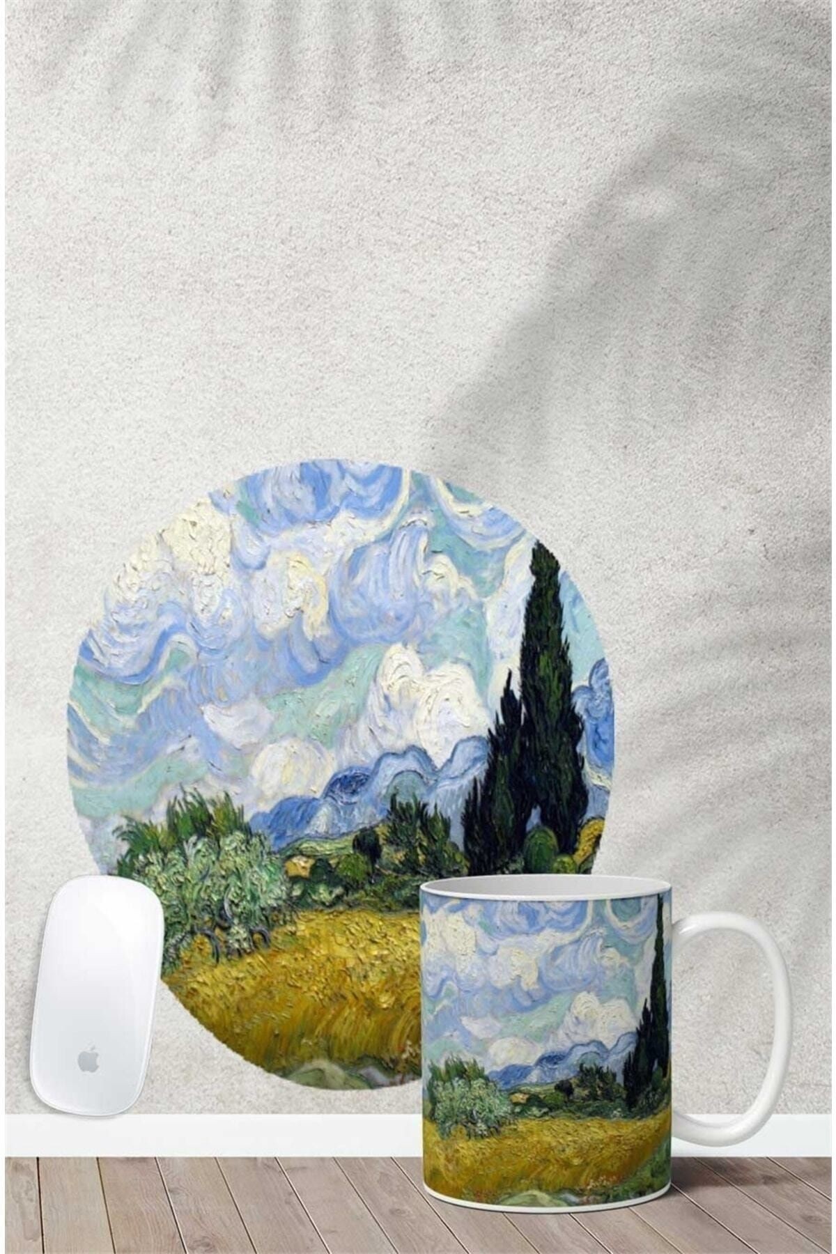 Van Gogh Wheatfield Desenli Bilek Destekli Mouse Pad Kupa Seti