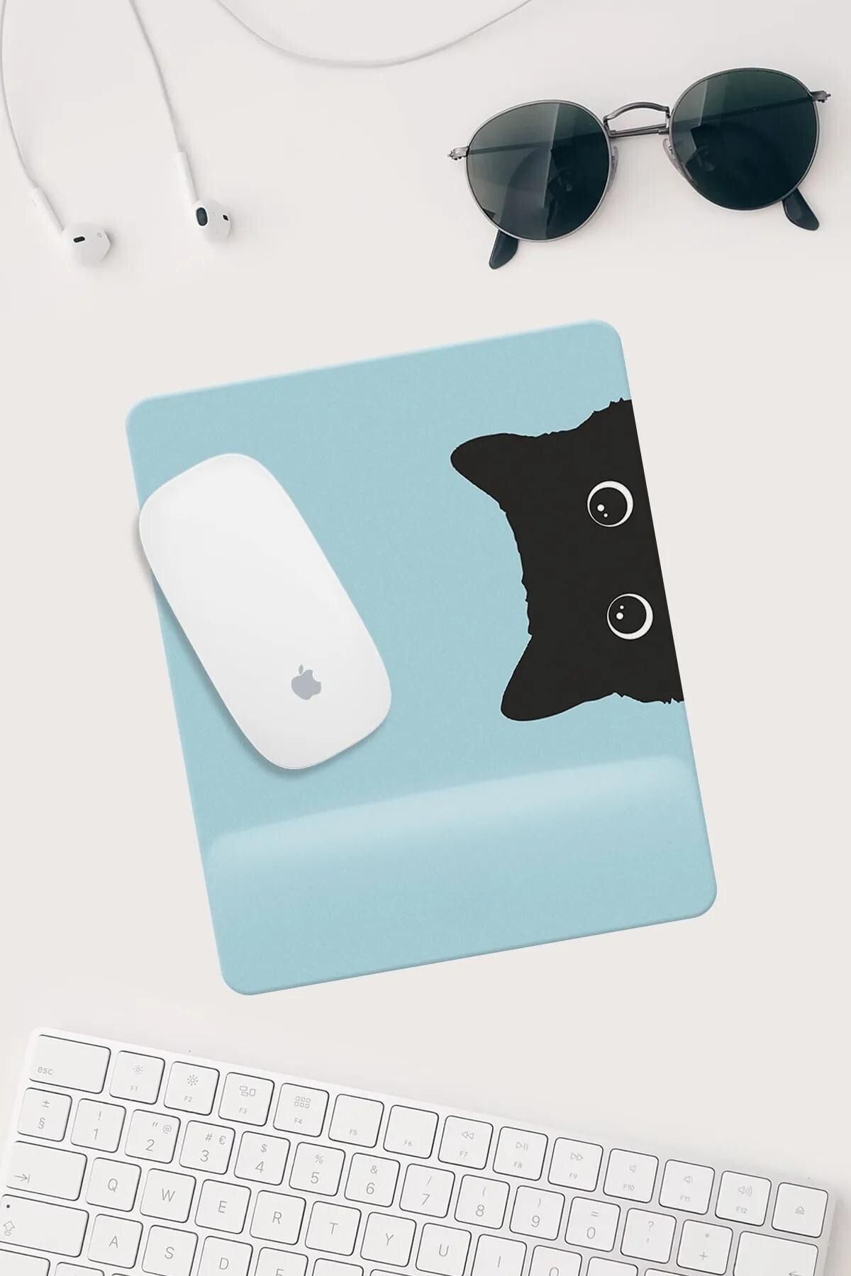 Jel Dolgulu Pvc Yüzey Mavi Kedi Çizimli Bilek Destekli Dikdörtgen Mouse Pad Mouse Altlığı.