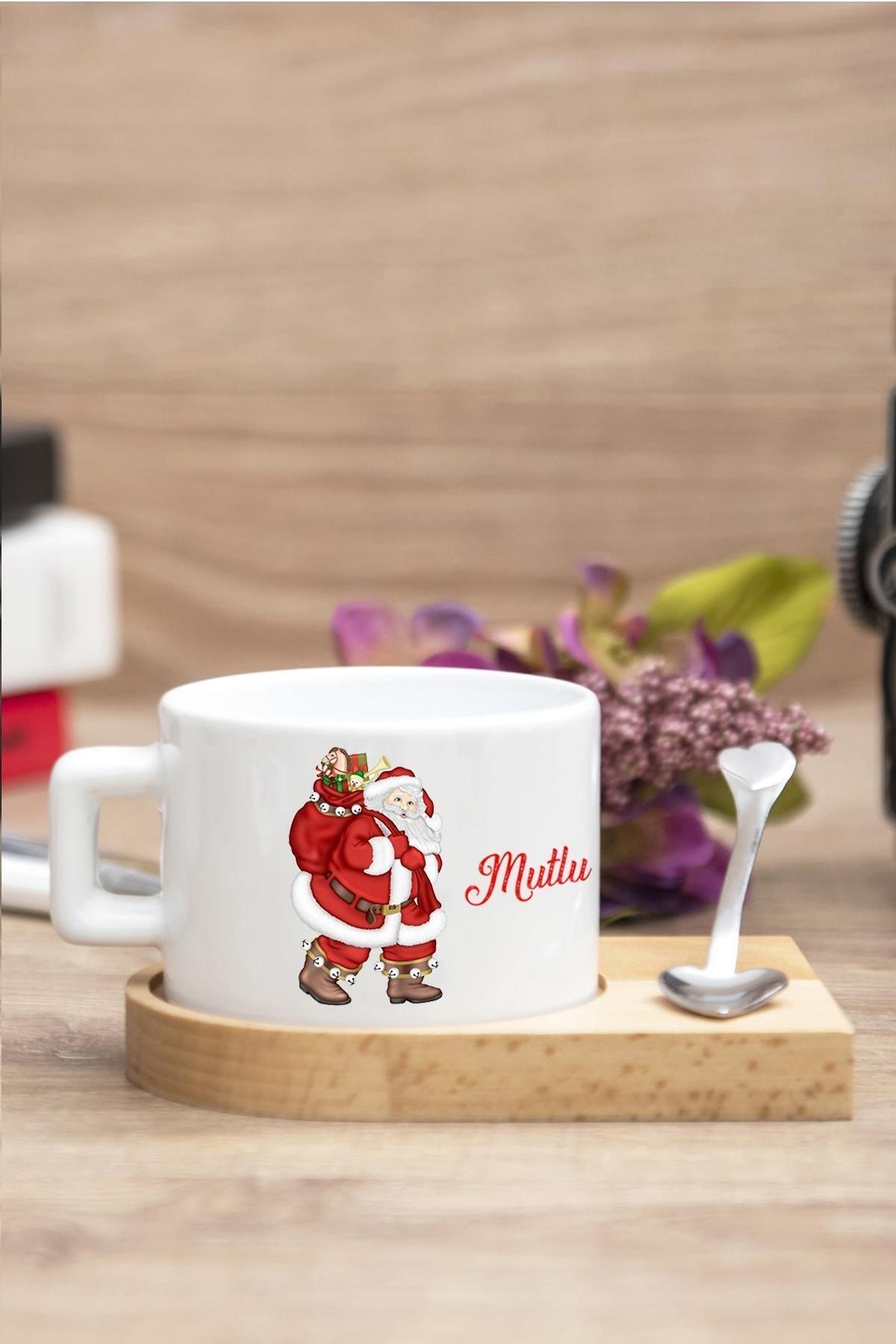 Yılbaşı Noel Temalı Baskılı Ahşap Altlıklı Kaşıklı Kupa